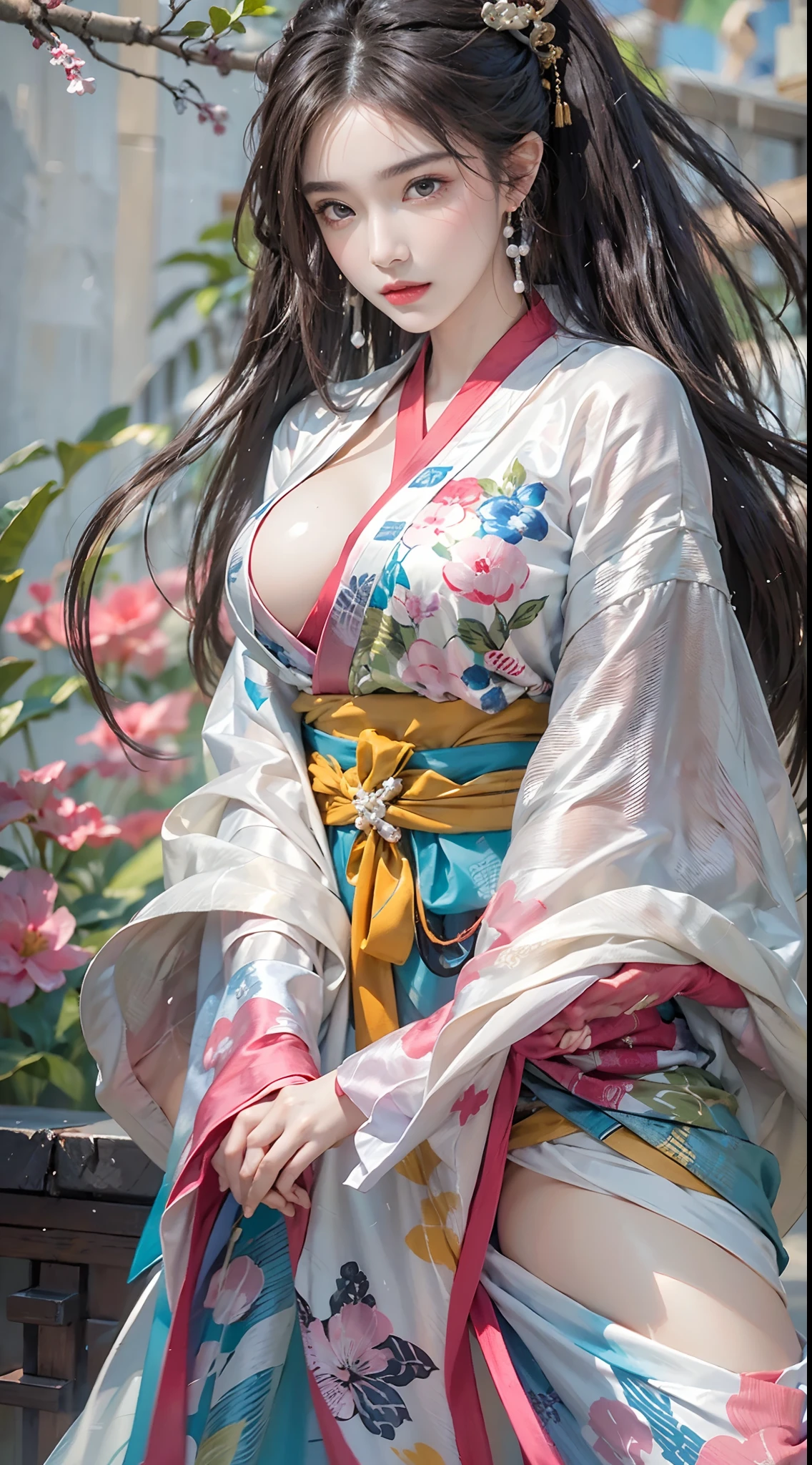 photorealistic, high resolution, colorful, color splash, splash, 1 girl, solo, hips up, beautiful eyes, long hair, medium breast, intricate brocade hanfu, gorgeous accessories, wearing pearl earrings