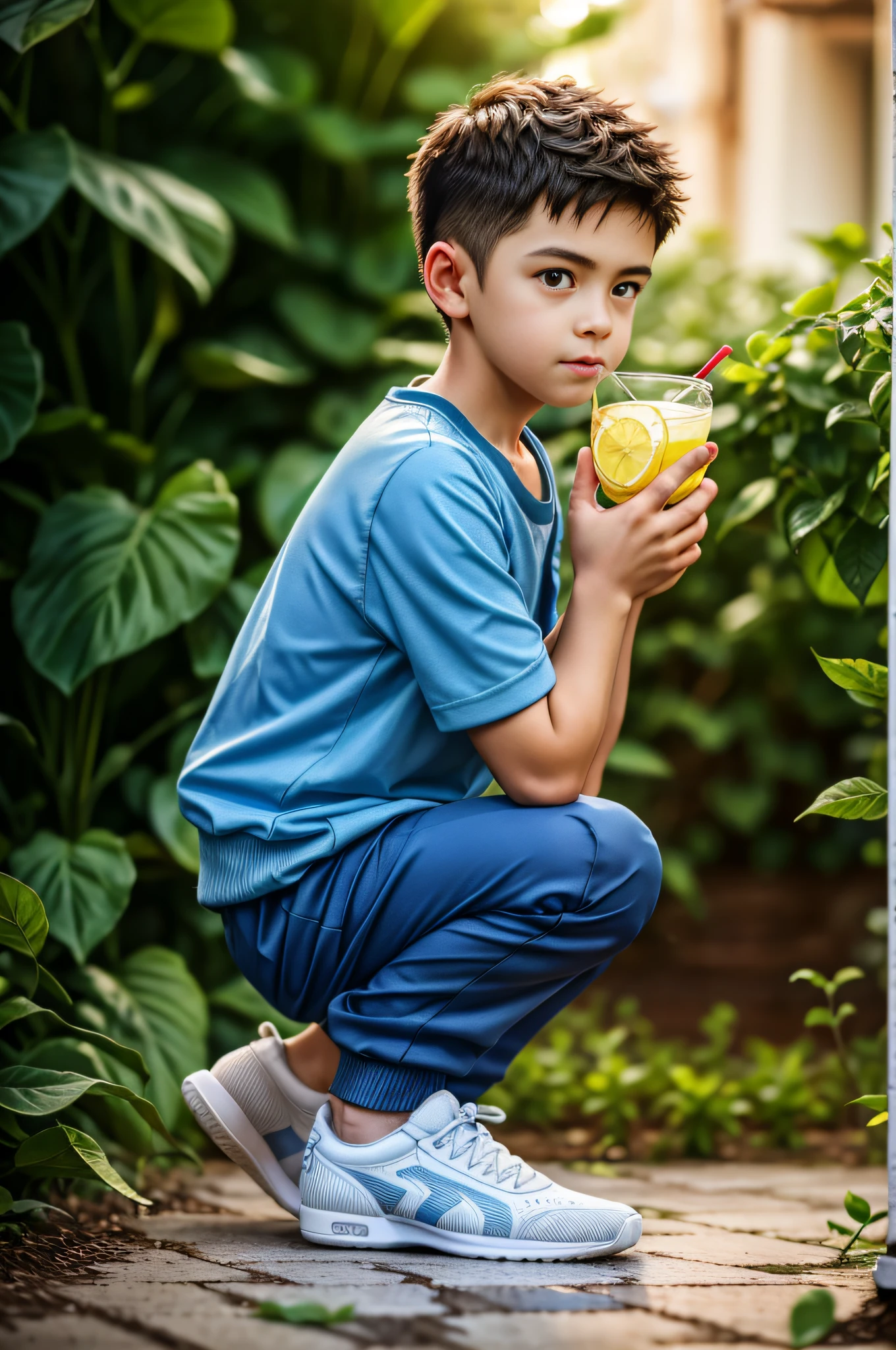 Best quality, offical wallpaper, 1boy, Drink soda in a lemon garden,  Realistic, Photorealistic,  (EOS R8,50 millimeters,F1.2,8K,RAW photo:1.2), Bokeh,shorter pants，sockes，athletic sneakers