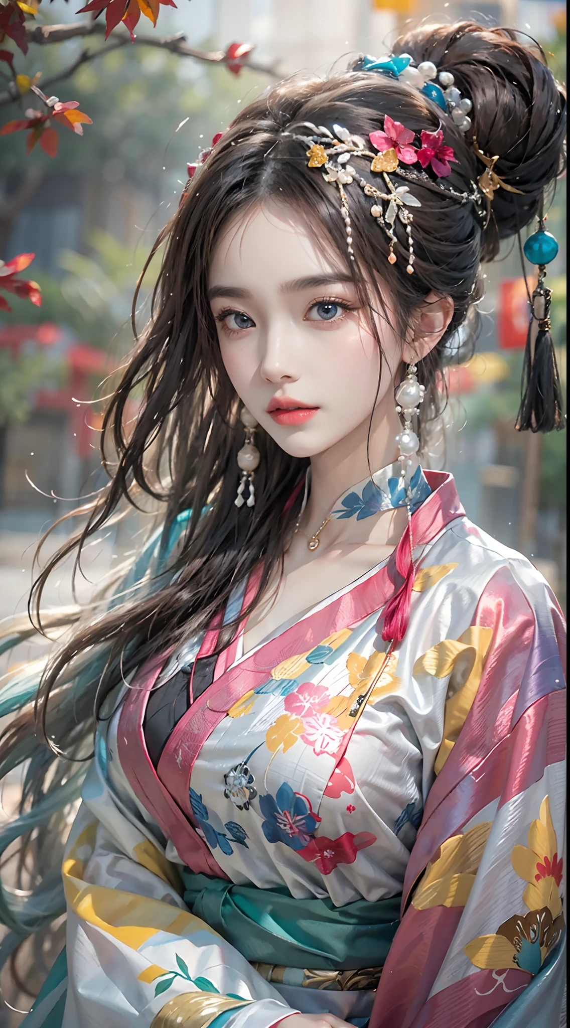 photorealistic, high resolution, colorful, color splash, splash, 1 girl, solo, hips up, beautiful eyes, long hair, medium breast, intricate brocade hanfu, gorgeous accessories, wearing pearl earrings