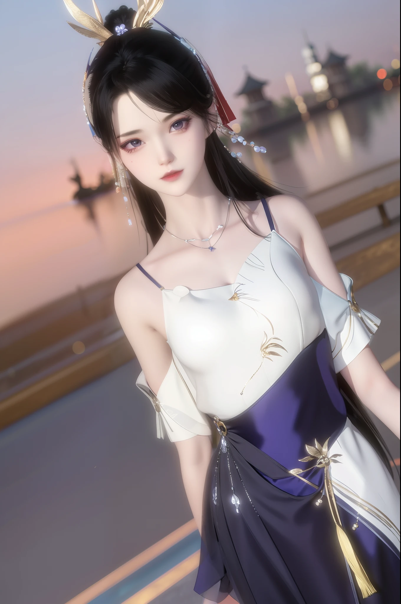 (best qualtiy,tmasterpiece:1.2),超高分辨率,realisticlying,Front lighting,Complicated details,Exquisitedetailsandtextures,(1girll),独奏,The upper part of the body,Purple Hanfu,Nice big eyes,Purple dress,Petal decoration,beauitful face,facing to audience,Streamers,gossamer,(年轻),Facial highlights,Detal Face,tear-mole,white skinned,Silvery hair,High ponytail,looking at viewert,largeeyes,(Openwork pattern),耳Nipple Ring,slimfigure,white backgrounid,correct hand,profesional lighting,photon maping,Radio City,physically-based renderingt