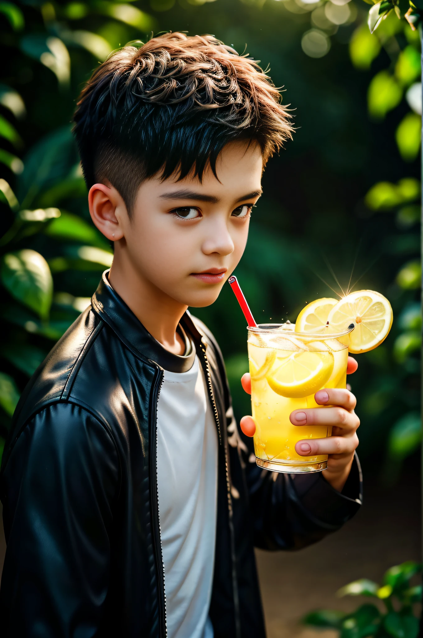 Best quality, offical wallpaper, 1boy, Drink soda in a lemon garden,  Realistic, Photorealistic,  (EOS R8,50 millimeters,F1.2,8K,RAW photo:1.2), Bokeh