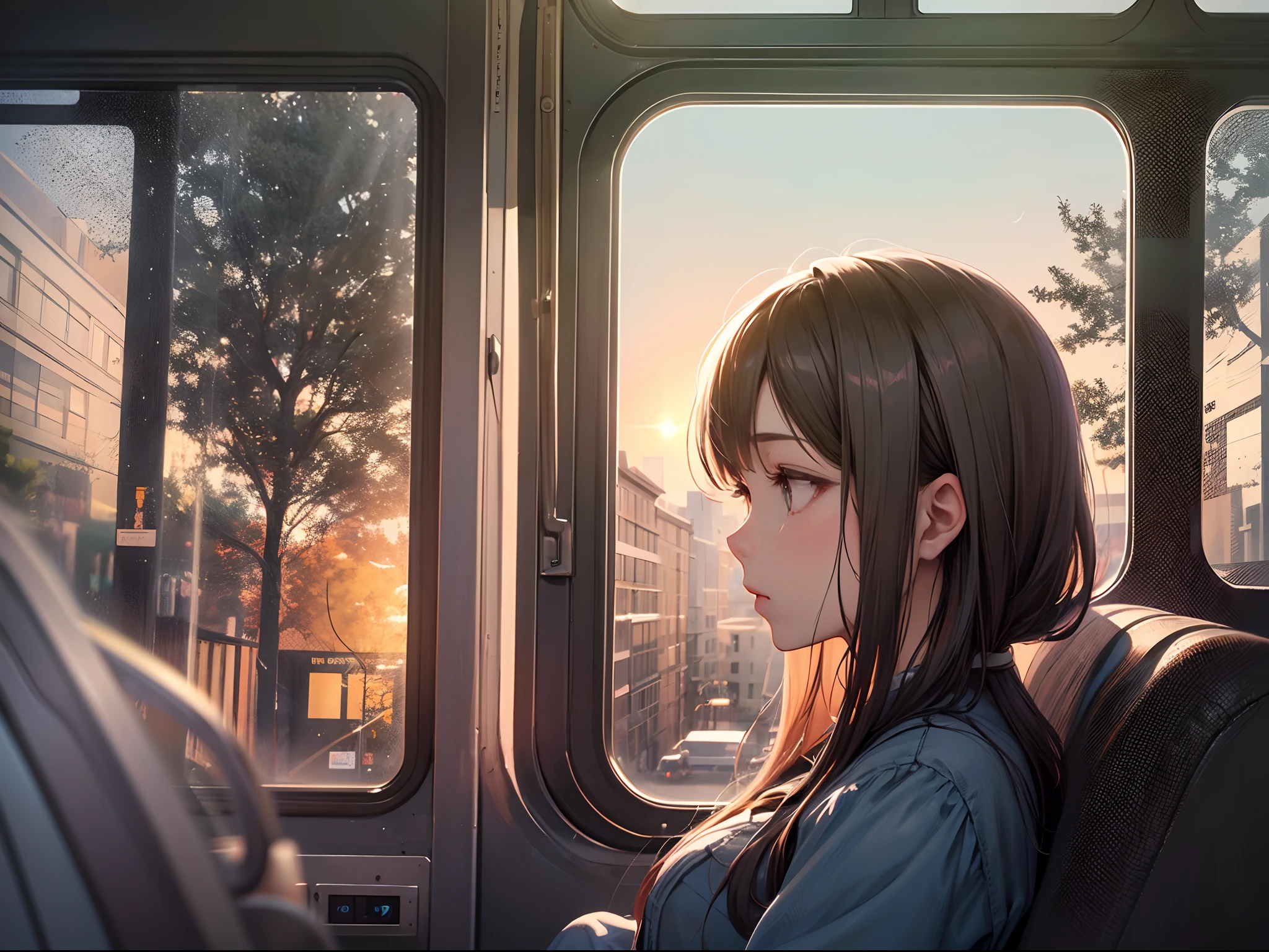 wall-paper、Afternoon sun、depth of fields、high resolution details、ultra-detailliert、filmg、surrealism、Soft light、(1girl in)、Deep field focus bokeh、Ray traching、diffused(Ultra-fine glass reflection)、surrealism,(Woman sitting on bus seat looking sideways out window:1.1)、Sun in the west reflection on the glass of the window、Bus seats、Flowing scenery、profile、