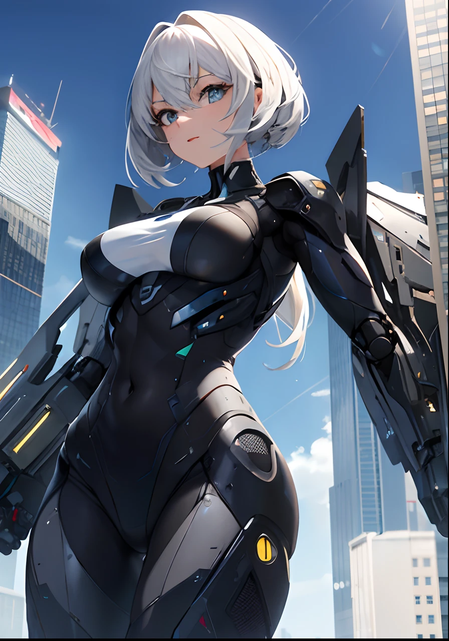 (Excelente, profissional, surreal), towering buildings rise from the ground to form a magnificent landscape of the futuristic city. Its arms are equipped with powerful energy weapons and are ready to meet the challenges of battle,l. vemos uma adolescente impressionante, destacando sua figura perfeita. The texture of the military clothing contrasts with the metallic texture of the robot, showing a unique visual effect. The girl's firm and resolute eyes show that she is fearless (the girl is in good shape, usando roupas militares, mostrando o umbigo, seios grandes)