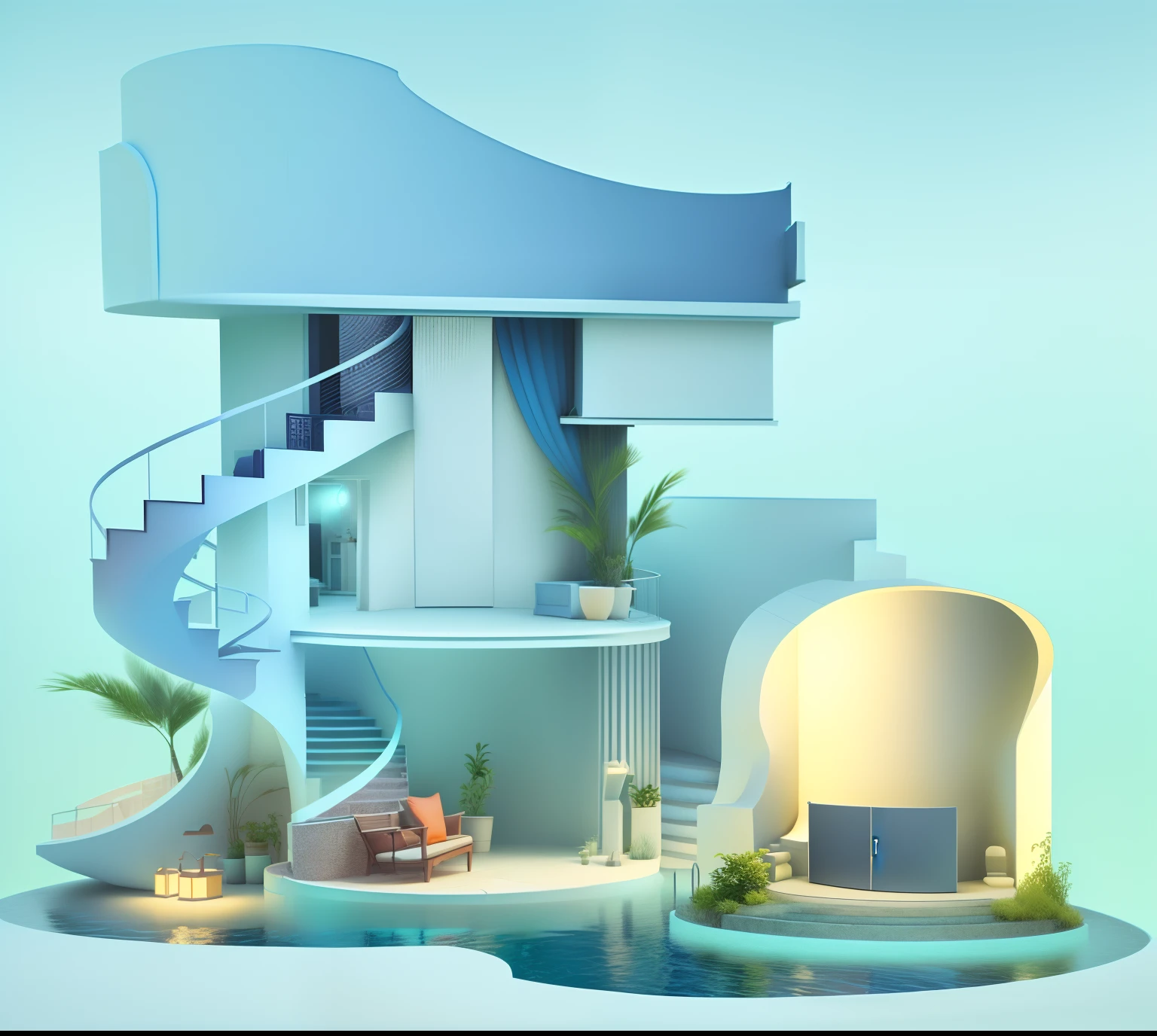 There is a small house with a spiral staircase and swimming pool, stylized 3d render, 3 d render stylized, Stylized digital illustration, 3 d stylize scene, stylized as a 3d render, in style of 3d render, surreal 3 d render,House under the night sky, digital art render