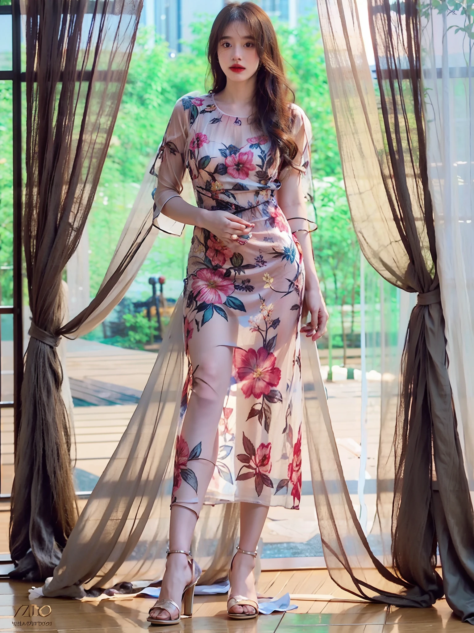 a woman in a dress with a floral print on it, full length view, translucent dress, translucent silky dress, floral art novuea dress, femme, dress in voile, floral art nouveau dress, full-length view, full - length view, lady with glowing flowers dress, zido, fantasy long intricate gown, female figure in maxi dress