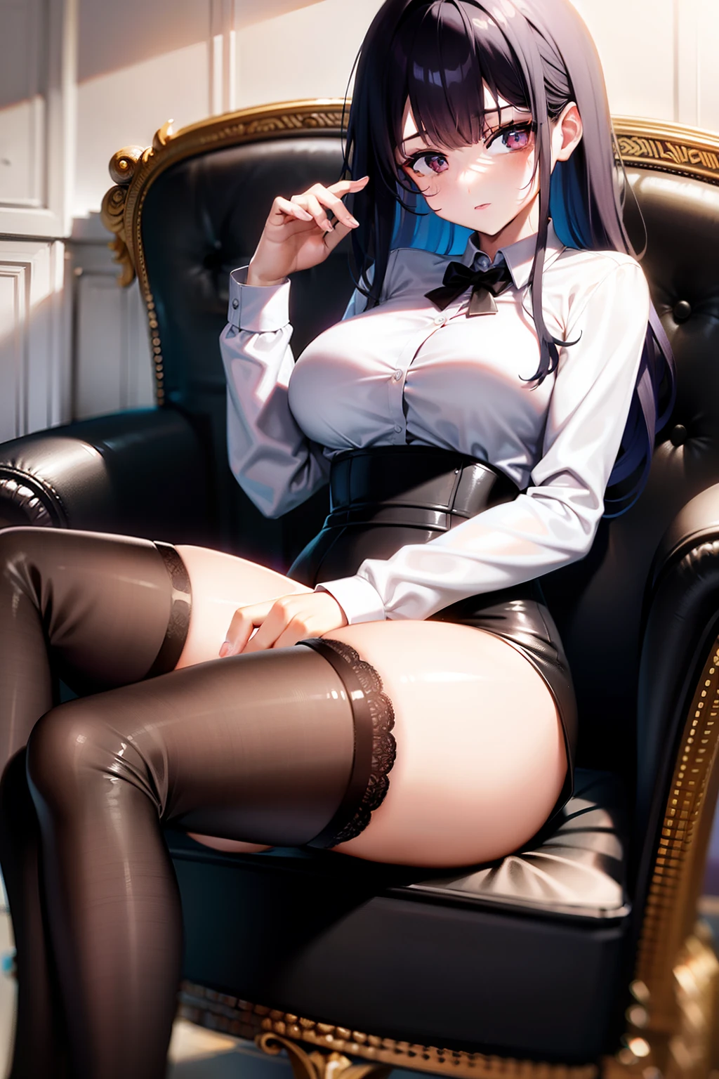 black lence stockings，Large，sit on chair，white  shirt，Erlang legs