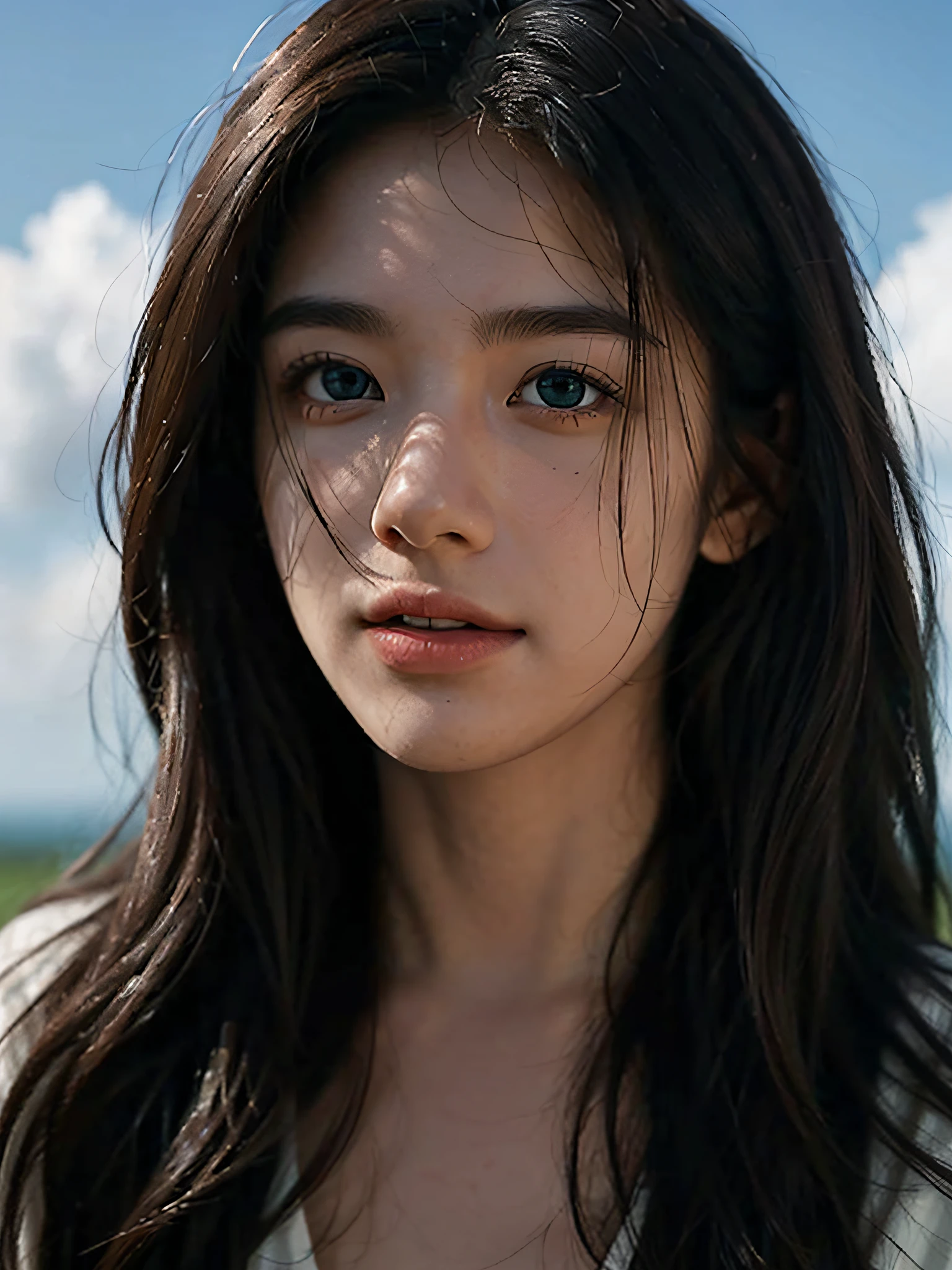 ((Pure Beauty:0.8+Ultra-realistic realism:1.2),Caucasian flesh:1.2,Bright eyes:1.1),Light contrast and hue:1.1,High Surface:1.1,Image quality:ultra hd:1.3,Upper part of the body,high nose bridge,dynamic angle,Clouds and sea,Field of flowers in the foreground,Light Tracking,lifelike,Informal art,Unity 8k壁纸,Ultra - Details,beautiful and beautiful,master-piece,beste-Qualit,gleaming skin,Cinmatic lighting,