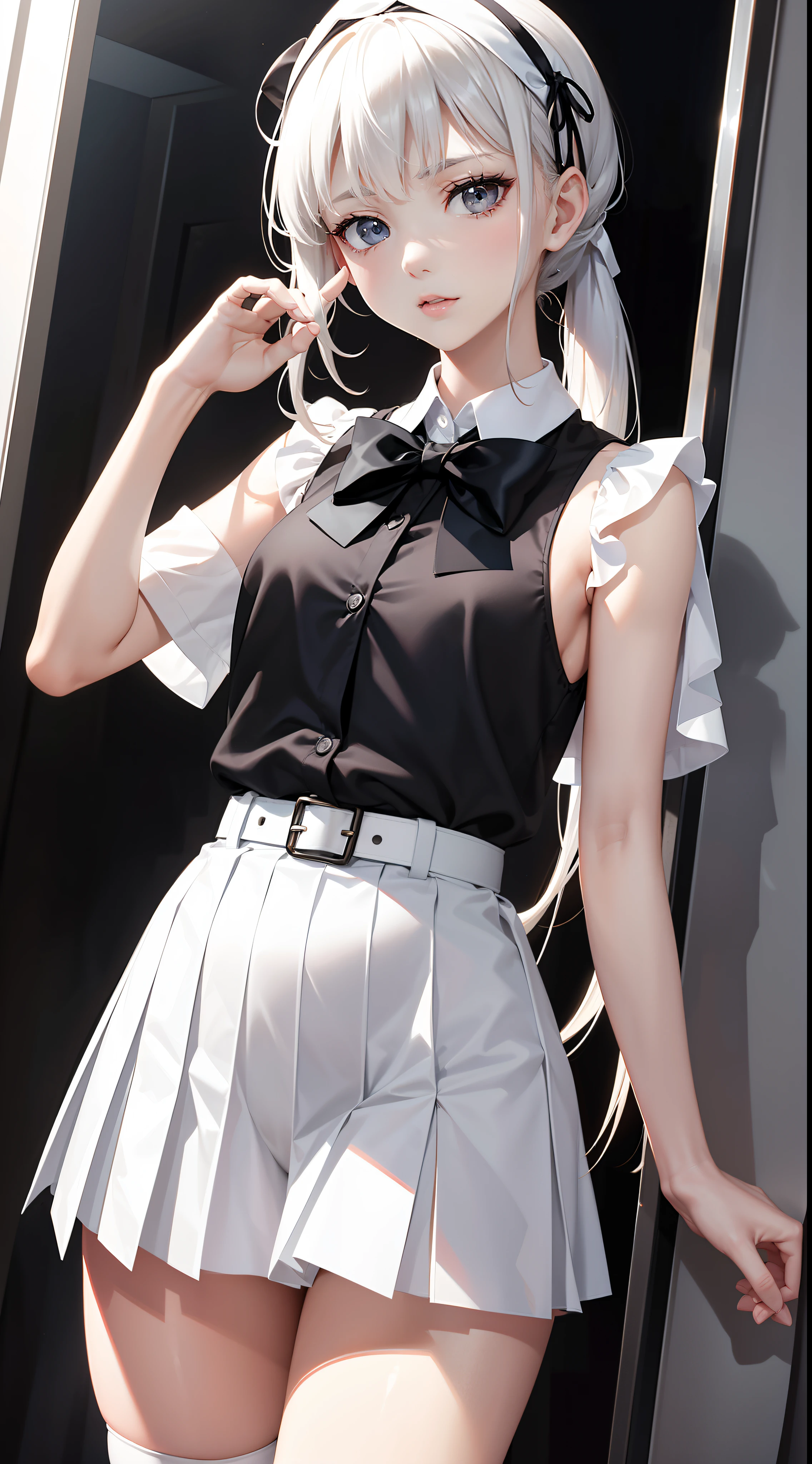 Comic style，High-quality characters，4k，1 girl and boy，exquisite facial features，Very white skin，Skinny body type，Thin legs，Thin leg，All-round light，Positive perspective，full bodyesbian，up-close，Small chest，Silver medium hair，Double ponytail hairstyle，By bangs，Delicate hair accessories，Transparent short-sleeved shirt，exposing your navel，Bow tie，Black and white low-rise plaid pleated skirt，White belt，White stockings，The boy is behind the girl，The boy's lower body is close to the girl's lower body，The girl bent over the glass，Clothes are slightly damp，shyexpression。