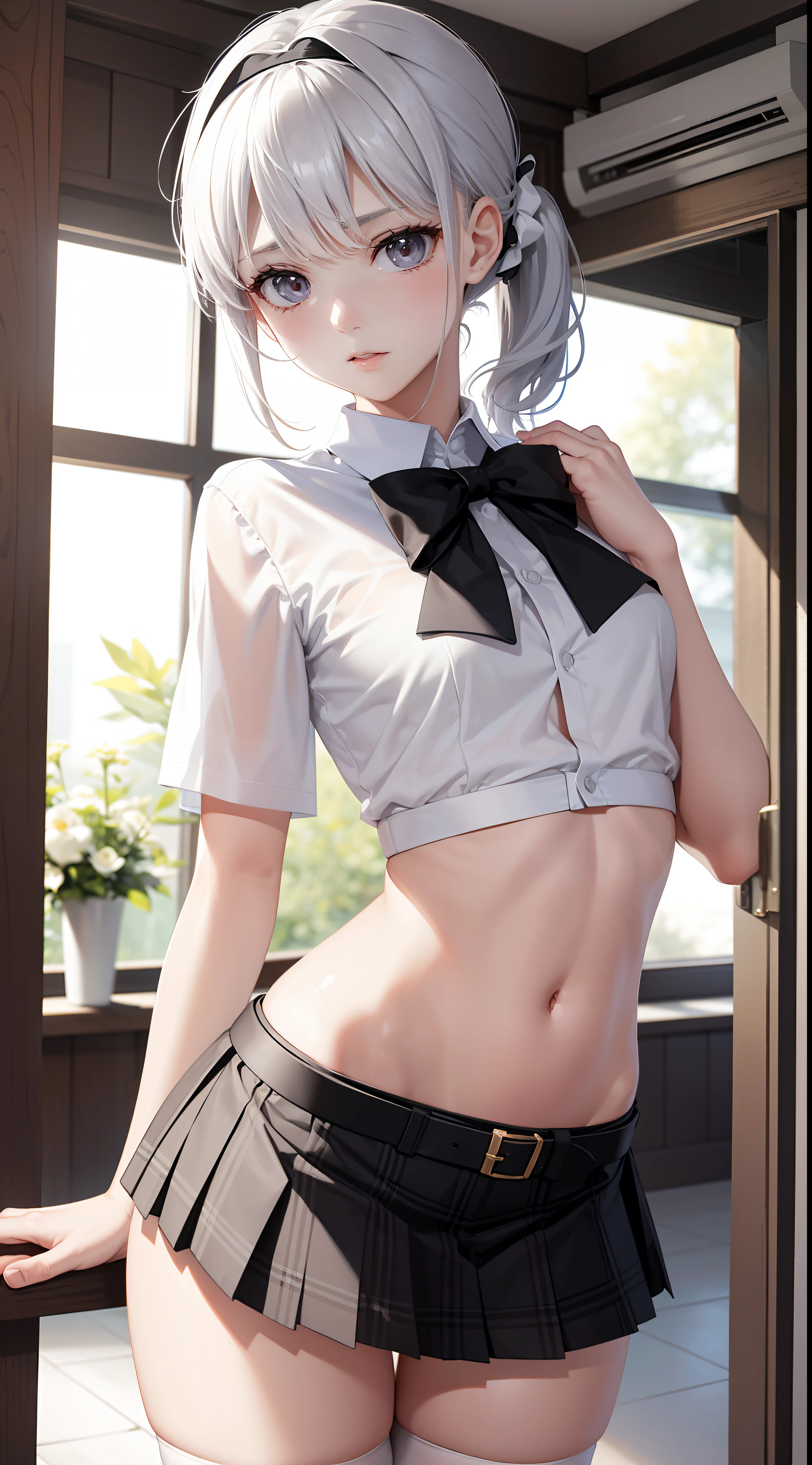 Comic style,High-quality characters,4k,1 girl and boy,exquisite facial features,Very white skin,Skinny body type,Thin legs,Thin leg,All-round light,Positive perspective,full bodyesbian,up-close,Small chest,Silver medium hair,Double ponytail hairstyle,By bangs,Delicate hair accessories,Transparent short-sleeved shirt,exposing your navel,Bow tie,Black and white low-rise plaid pleated skirt,White belt,White stockings,The boy is behind the girl,The boy's lower body is close to the girl's lower body,The girl bent over the glass,Clothes are slightly damp,shyexpression。