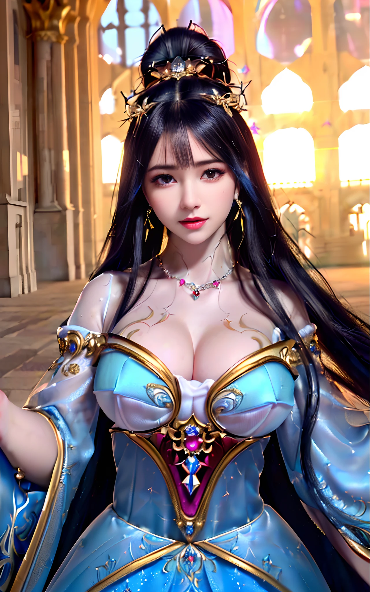 ((realisticity: 1.2)), ((realistic: 8K UHD)), ((best resolution: 8K UHD)), hyper detailed, best quality,masterpiece,highres,cg,
((1 hyper detailed and hyper realistic girl)), ((very beautiful queen dazzling, hyper realistic, and hyper detailed)),((white skin, beautiful, smooth, youthful, hyper realistic and hyper detailed
)), ((Hyper beautiful face, white, hyper realistic and hyper detailed)), long hair, ((hyper realistic and hyper detailed dress)), solo, ((hyper realistic, hyper beautiful, gorgeous and hyper detailed jewelry)), ((hyper beautiful, hyper realistic and hyper detailed dark red and golden yellow dress)),
((Hyper beautiful, hyper realistic, hyper detailed diamond filled earrings)),
((Hyper beautiful, hyper realistic and hyper detailed diamond filled hair ornament)), ((hyper beautiful upper body, hyper beautiful, hyper
realistic and hyper detailed)), ((big breasts: 2.5)),
((Hyper grand, hyper realistic and hyper detailed royal palace backgroun))
((Hyper beautiful, hyper beautiful, hyper realistic and hyper detailed hair bun)), ((hyper beautiful, hyper realistic and hyper detailed blue hair)),
candid, Photograph, high resolution, 8k,Bokeh,