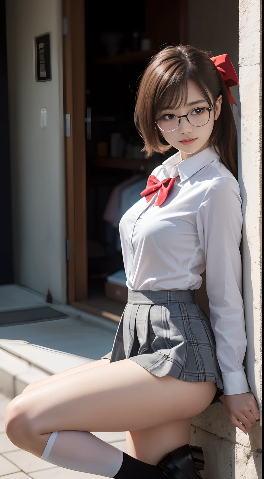 (in 8K、Raw photography、top-quality、masterpiece:1.2),watching at viewers,Looking at the front,Tie a side ponytail、Hang your hair on your chest.,Bullish,Muchimuchi,Erotic,Pupils,Light Blue Bra,de pele branca,kne,absurderes,a small face,small tits,flat breast,Parting the bangs from the middle、Forehead visible,(A smile,Tight eyes,skinny,Rasping)、masterpiece,top-quality、超A high resolution,Raw photo,ren,Beautiful fece,One Person, 独奏,eye glass,,Dark look,Small breasts,fullllbody,Round glasses、cute little、Back to Student,JK school uniform,hi-school girl,Korean Idol,is standing,(Photorealsitic:1.37)、Photon mapping,Realistic、Cute little face,Brown-eyed、Black socks、(Red bow tie)、Radio City、Physically Based Rendering、Foreground、depth of fields、Blurry background、a picture,The girls、Body,beauty legs, Long legs, Thin leg,Tie your hair into one strand on your chest,(Bangs are visible), hair, s lips, Blue_The eye, nosesoft,(Light blue shirt), (Plaid pleated skirt), Knees are visible,Sheer clothing,, Thigh, Black cotton socks,Nogizaka Idol, 女優, sit down and open legs、Exposed underwear