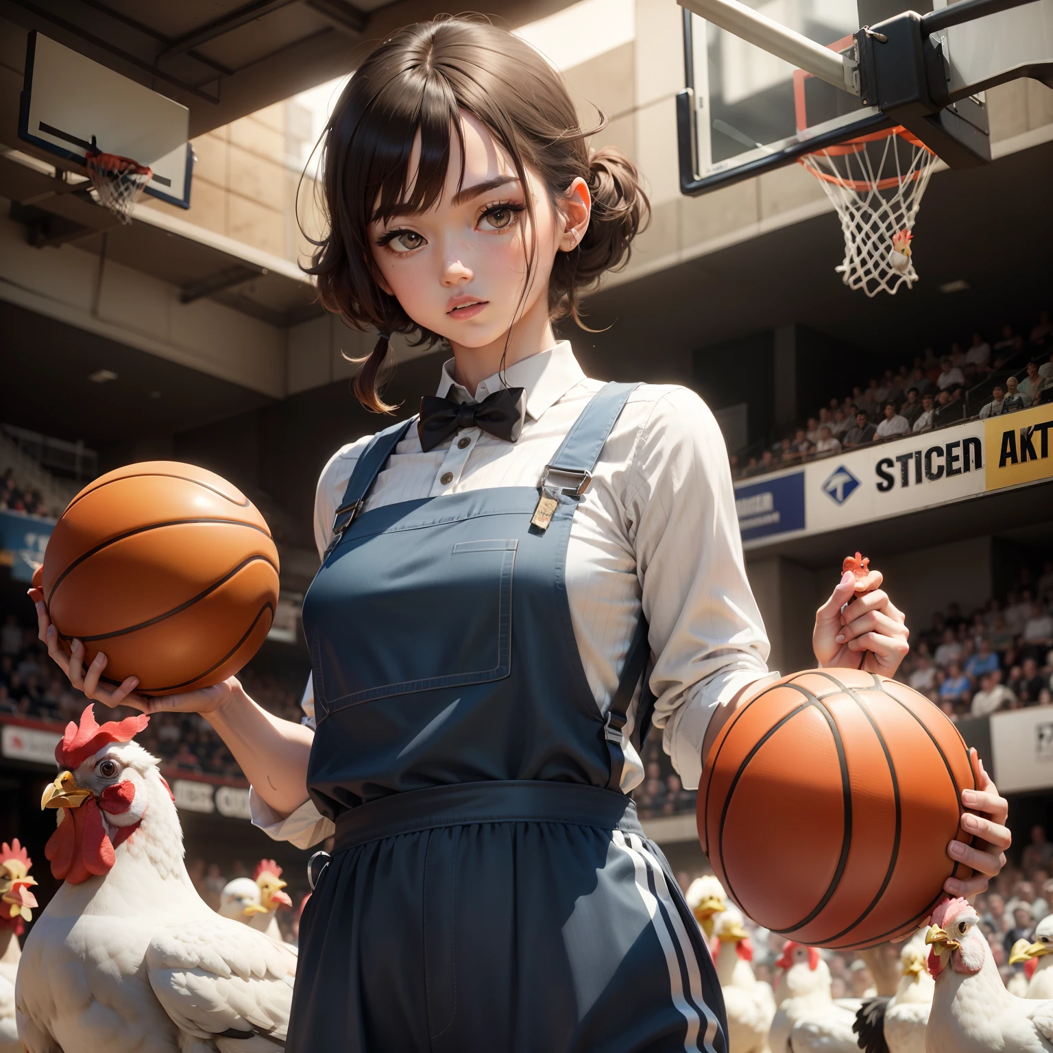 Mid head, suspenders, basketball, chicken, chicken, pigeon