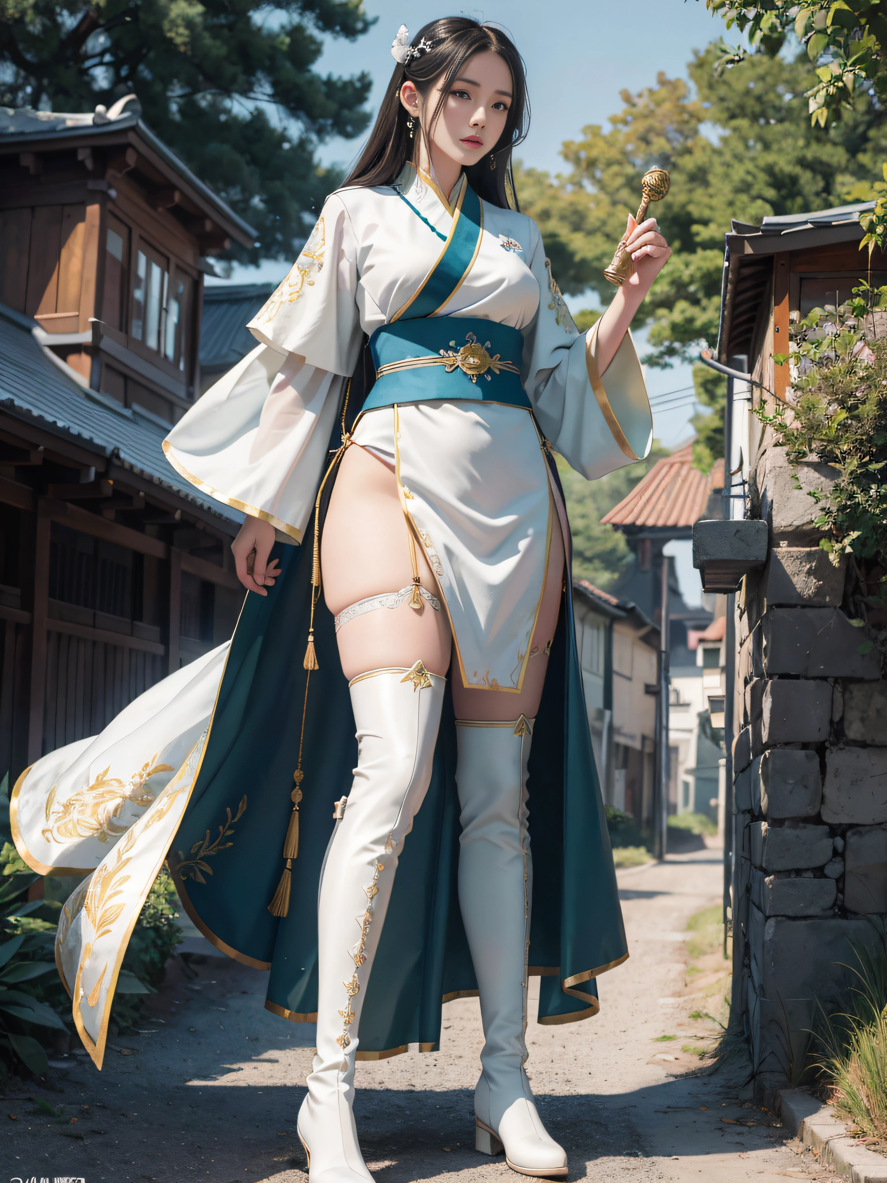 Royal sister，swordsmen，Big sister type，Oriental women，gallant woman，Cold sass，,tmasterpiece,A high resolution,,Absolutely beautiful,，（Wide buttock：1.4），（Thick legs：1.4），are standing，exquisitedetails,A high resolution,Wallpapers,1female,独奏,，enchanted、Raised sexy， Rich expressions， trinkets，Uniform uniform，Tight pure white Hanfu,,校服，Short sleeves tight white trousers，Wearing white boots，embroidery, natural poses,standing on your feet， Fanning，16K，HDR，A high resolution，depth of fields，Bocoon，prime time，Vignette，rainbowing