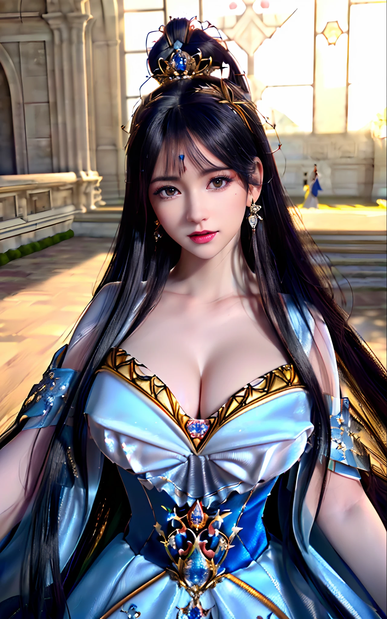 ((realisticity: 1.2)), ((realistic: 8K UHD)), ((best resolution: 8K UHD)), hyper detailed, best quality,masterpiece,highres,cg,
((1 hyper detailed and hyper realistic girl)), ((very beautiful queen dazzling, hyper realistic, and hyper detailed)),((white skin, beautiful, smooth, youthful, hyper realistic and hyper detailed
)), ((Hyper beautiful face, white, hyper realistic and hyper detailed)), long hair, ((hyper realistic and hyper detailed dress)), solo, ((hyper realistic, hyper beautiful, gorgeous and hyper detailed jewelry)), ((hyper beautiful, hyper realistic and hyper detailed dark red and golden yellow dress)),
((Hyper beautiful, hyper realistic, hyper detailed diamond filled earrings)),
  ((Hyper beautiful, hyper realistic and hyper detailed diamond filled hair ornament)), ((hyper beautiful upper body, hyper beautiful, hyper 
 realistic and hyper detailed)), ((big breasts: 2.5)), 
((Hyper grand, hyper realistic and hyper detailed royal palace backgroun))
((Hyper beautiful, hyper beautiful, hyper realistic and hyper detailed hair bun)), ((hyper beautiful, hyper realistic and hyper detailed blue hair)),
candid, Photograph, high resolution, 8k,Bokeh,