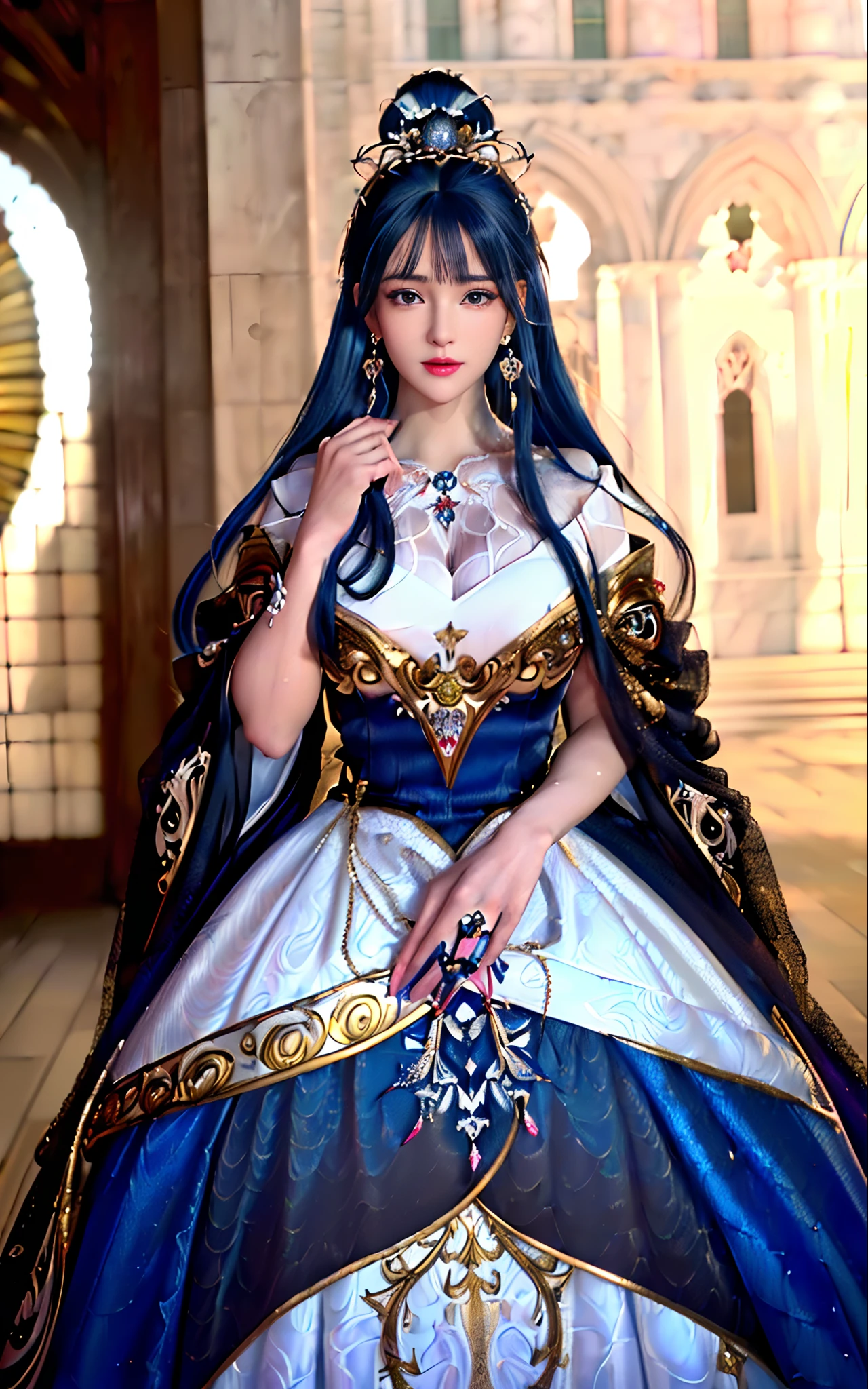 ((realisticity: 1.2)), ((realistic: 8K UHD)), ((best resolution: 8K UHD)), hyper detailed, best quality,masterpiece,highres,cg,
((1 hyper detailed and hyper realistic girl)), ((very beautiful queen dazzling, hyper realistic, and hyper detailed)),((white skin, beautiful, smooth, youthful, hyper realistic and hyper detailed
)), ((Hyper beautiful face, white, hyper realistic and hyper detailed)), long hair, ((hyper realistic and hyper detailed dress)), solo, ((hyper realistic, hyper beautiful, gorgeous and hyper detailed jewelry)), ((hyper beautiful, hyper realistic and hyper detailed dark red and golden yellow dress)),
((Hyper beautiful, hyper realistic, hyper detailed diamond filled earrings)),
((Hyper beautiful, hyper realistic and hyper detailed diamond filled hair ornament)), ((hyper beautiful upper body, hyper beautiful, hyper
realistic and hyper detailed)), ((big breasts: 2.5)),
((Hyper grand, hyper realistic and hyper detailed royal palace backgroun))
((Hyper beautiful, hyper beautiful, hyper realistic and hyper detailed hair bun)), ((hyper beautiful, hyper realistic and hyper detailed blue hair)),
candid, Photograph, high resolution, 8k,Bokeh,