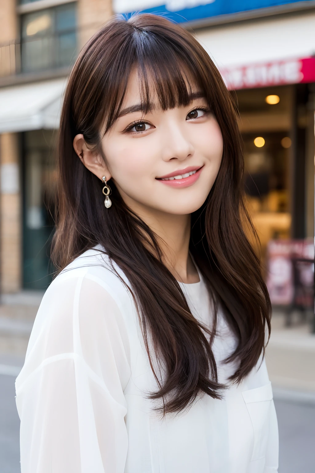 (8k, RAW photos, top quality, masterpiece: 1.2), ultra detailed, super resolution, (real, real photos: 1.37), portraits, high definition RAW color photos, professional photos, very detailed and beautiful, highly detailed, 8k wallpapers, amazing details, huge file size, official art, highly detailed CG Unity 8k wallpapers, highly detailed beautiful girls, highly detailed facesHighly detailed eyes, highly detailed skin, highly detailed fingers, highly detailed nose, highly detailed mouth, perfect anatomy, highly detailed background, highly detailed clothing, one girl, (18:1.2), , cute girl, famous Japan idol, cute, realistic body, petite, white skin, radiant skin, slim body, handsome body, brown hair, short curly hair, (blunt bangs: 1.2) , smile, cute, youthful, pretty face, realistic face, delicate eyes, sagging eyes, white shirt, skirt, earrings, camera gaze, cowboy shot, front-facing, standing, contrappost, high street, dynamic lighting,