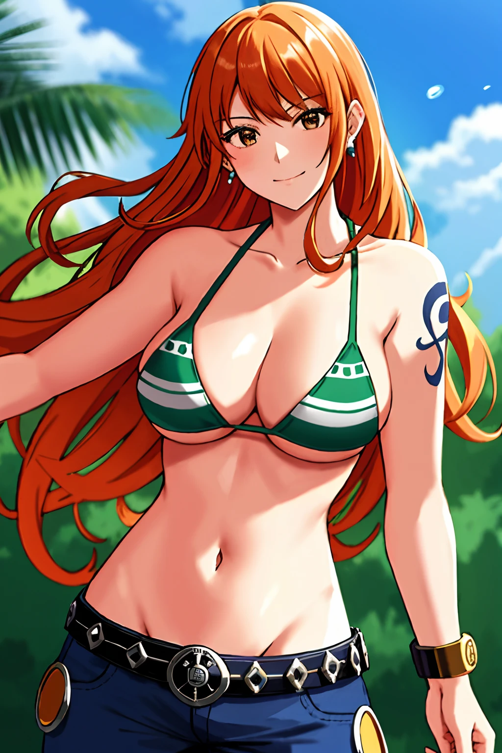 detailed background, masterpiece, best quality, 1girl, solo, nami \(one piece\), 1girl, bangle, detailed arms, muscular body, wrestling entrance, bangs, bare shoulders, belt, bikini, bikini top only, blue sky, bracelet, breasts, brown eyes, bubble, cleavage, cloud, cowboy shot, day, denim, earrings, floating hair, green belt, green bikini, groin, jeans, jewelry, large breasts, log pose, long hair, looking at viewer, navel, orange hair, pants, shoulder tattoo, sidelocks, sky, smile, solo, standing, stomach, swimsuit, tattoo , looking at viewer, fight pose