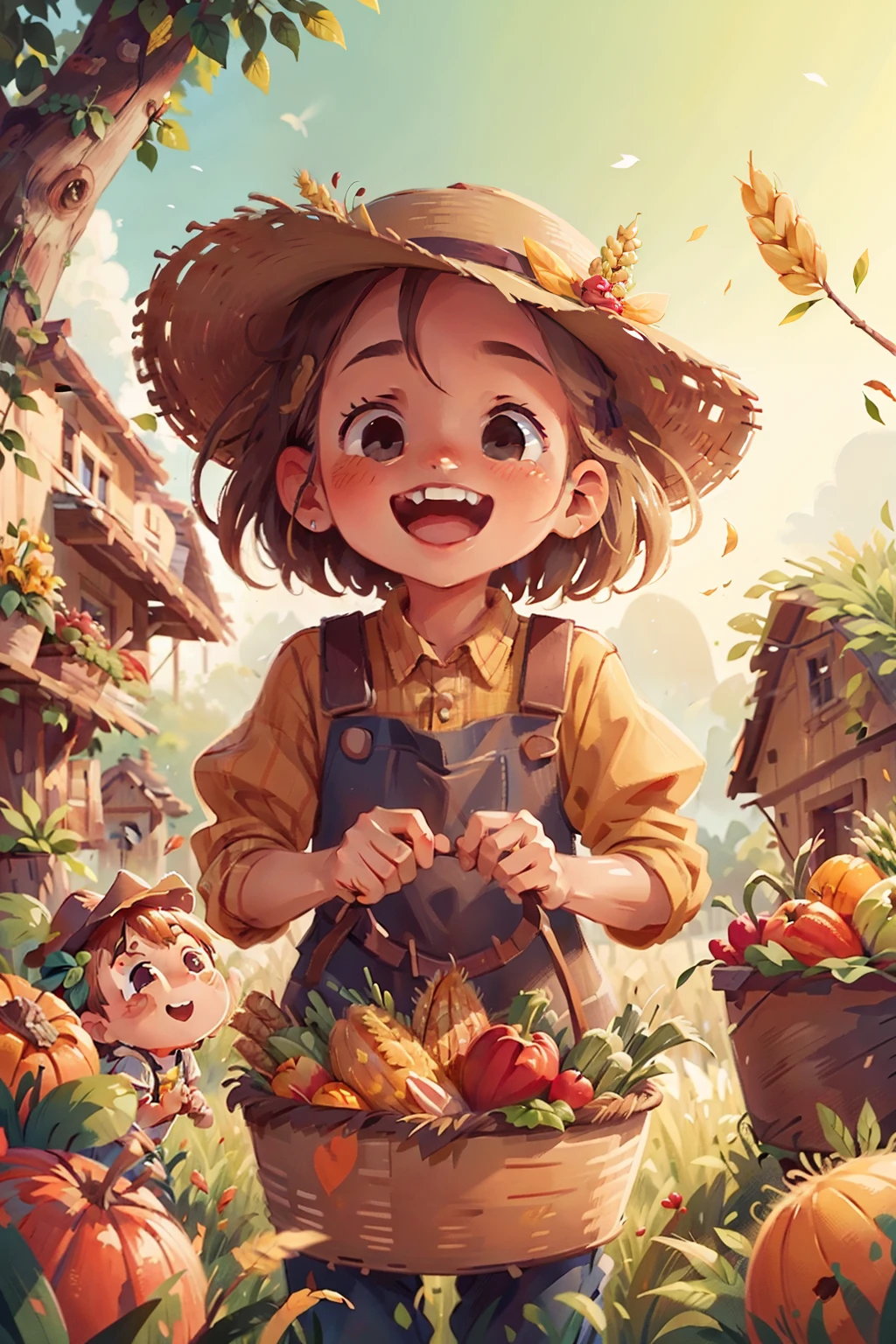 Picture of a good harvest，Harvest the wheat，joyful expressions