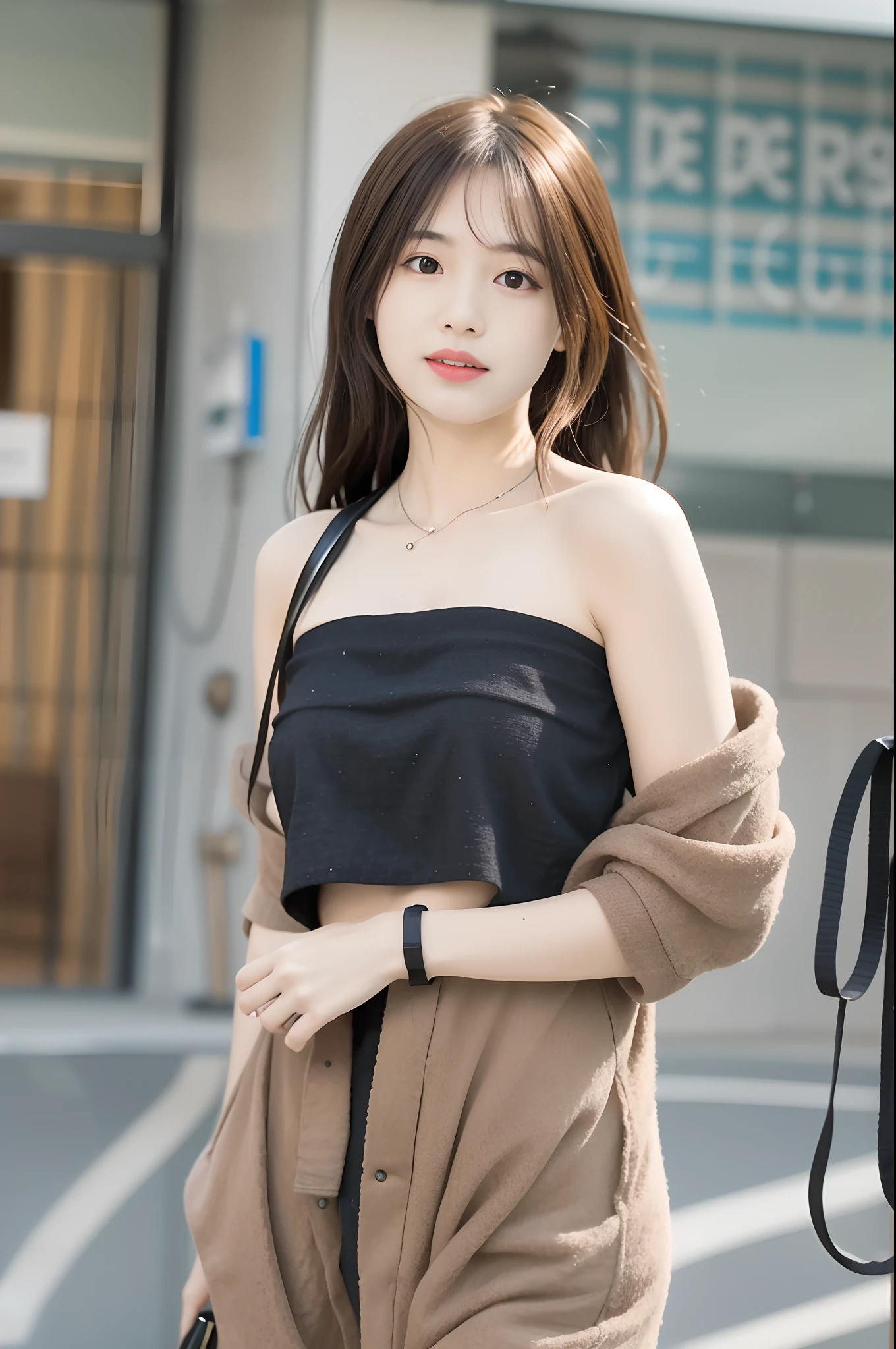 mix4, (8K, RAW images, best qualtiy, tmasterpiece: 1.2), (realisticlying, Realistic pictures: 1.37) ,1girll, adolable, scenecy, the night, Sateen, dampness, profesional lighting, photon maping, Radio City, Physically based displays, Bandeau,无袖,cropped shoulders,Crop topping,adolable,shyexpression,