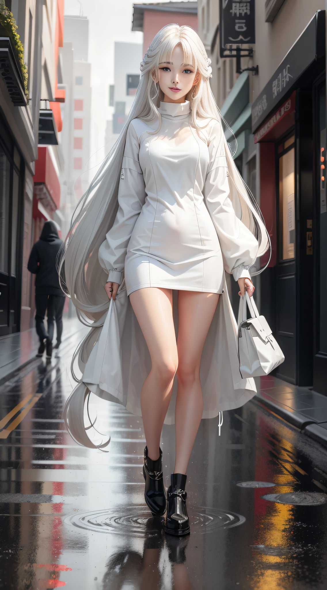 ((best qualtiy, 8k, tmasterpiece:1.3)), Focus:1.2, perfect figure beautiful woman:1.4, ((long whitr hair)), (wetclothes:1.1) , (Rain, Street:1.3), pinkdress:1.1, Highly detailed facial and skin texture, A detailed eye, 二重まぶた,Whiten skin,ssmile,Long legs
