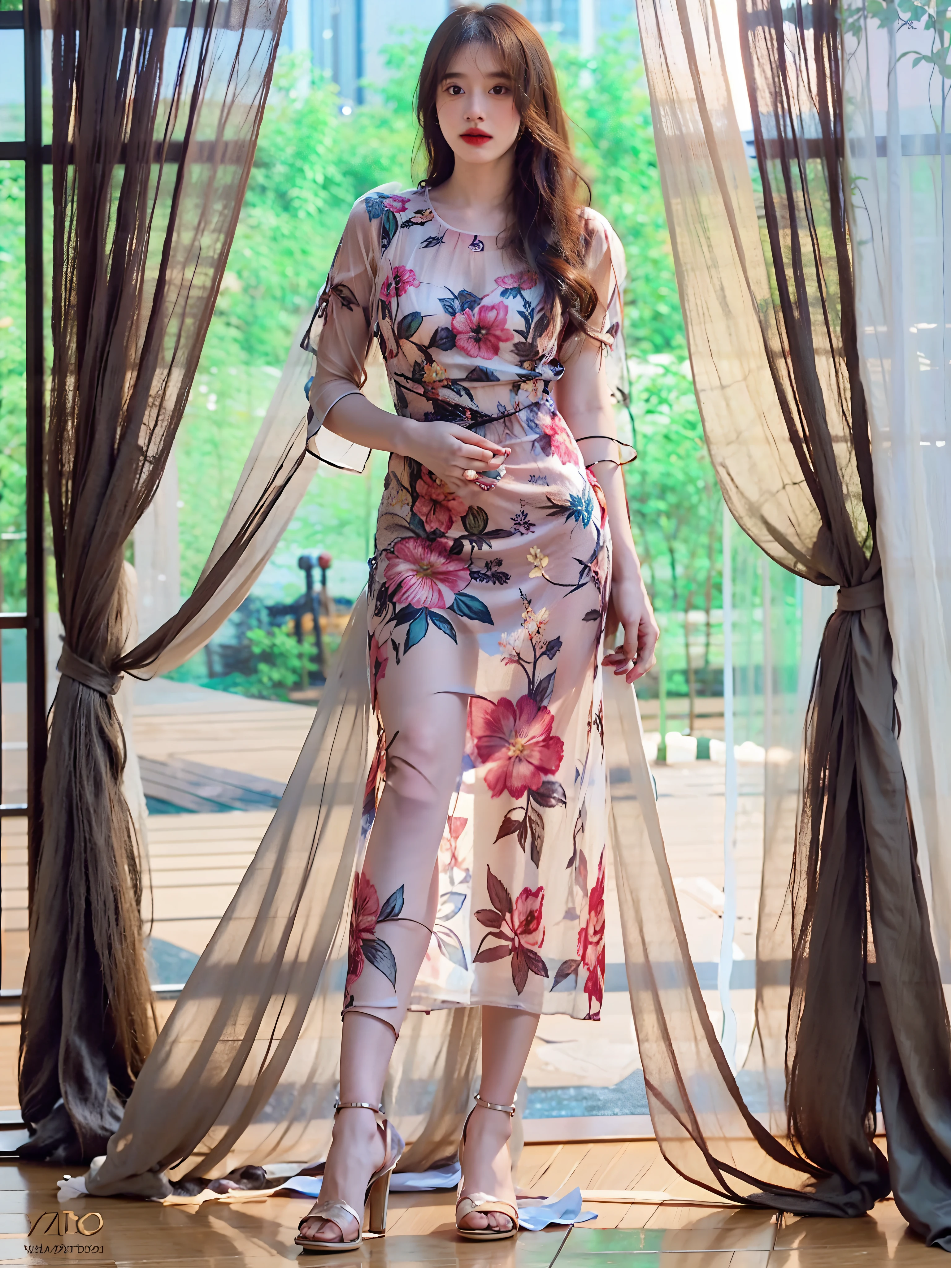 a woman in a dress with a floral print on it, full length view, translucent dress, translucent silky dress, floral art novuea dress, femme, dress in voile, floral art nouveau dress, full-length view, full - length view, lady with glowing flowers dress, zido, fantasy long intricate gown, female figure in maxi dress