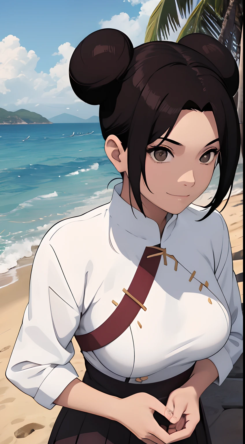 (tmasterpiece:1.3),Black color hair,(little breast:1.5),a ball head,white clothes,ssmile,slightly fat big breasts,Be red in the face,best qualtiy,The is very detailed,Get close to the lens,Delicate and beautiful face,sea beach,rays of sunshine,baiyun,Flying birds