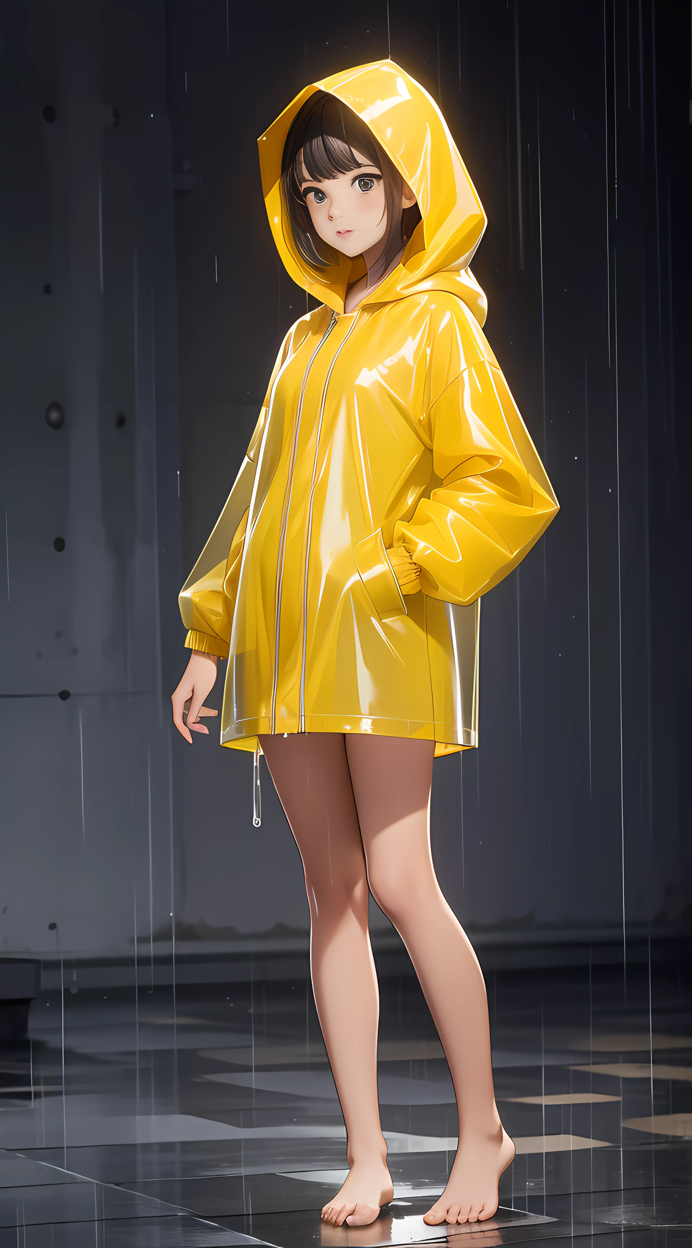 A fifteen-year-old girl,Wear a yellow hooded raincoat,stand posture,full body pov,Bare legged,Barefoot,Standing in heavy rain,Accentuate the texture of raincoats and gelcoats,Accentuates the translucent texture of the raincoat