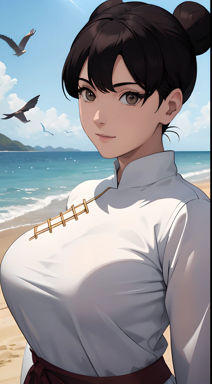 （tmasterpiece：1.3），Black color hair，（little breast：1.5），a ball head，white  clothes，ssmile，slightly fat big breasts，Be red in the face，best qualtiy，The is very detailed，Get close to the lens，Delicate and beautiful face，sea beach，rays of sunshine，baiyun，Flying birds