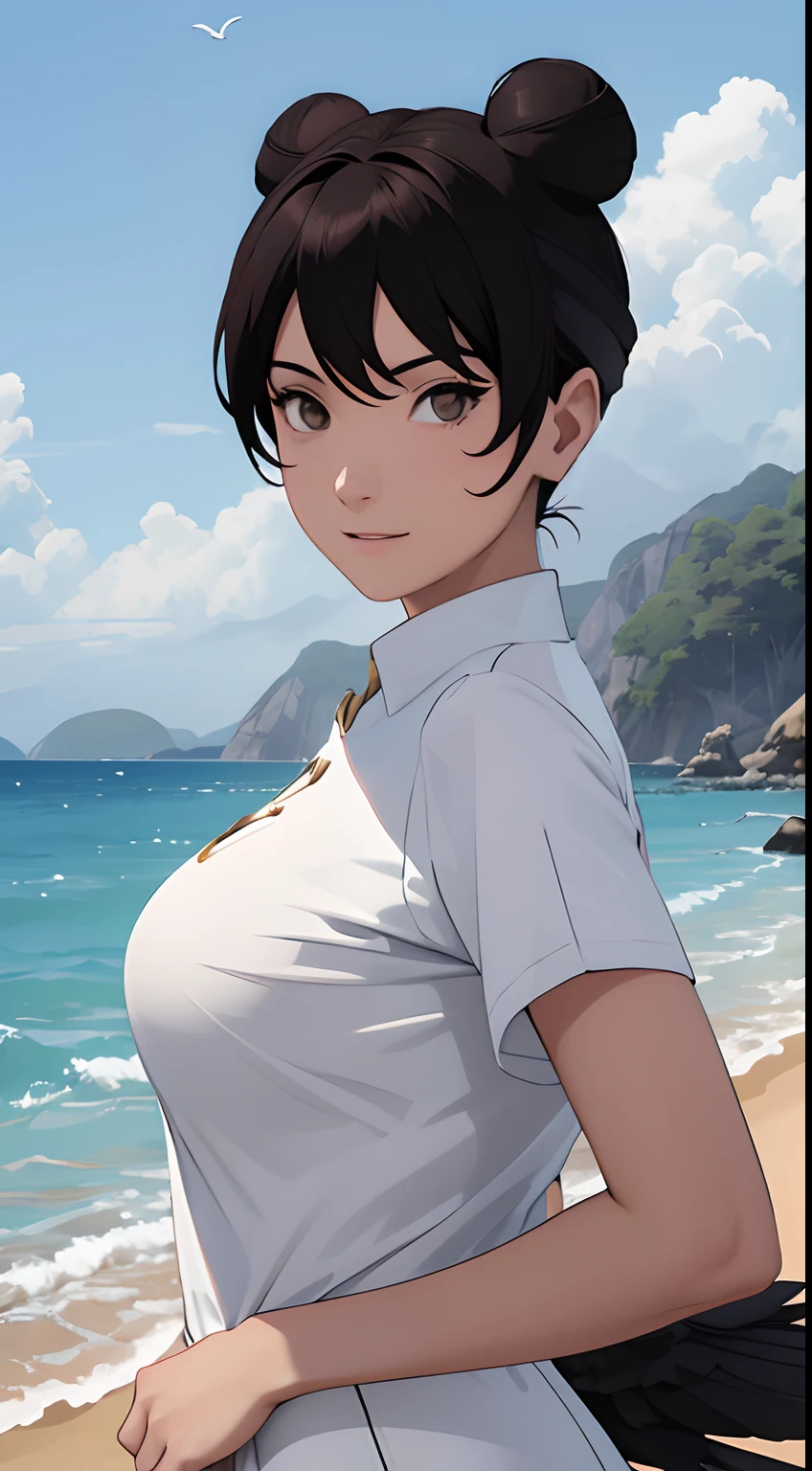 （tmasterpiece：1.3），Black color hair，（little breast：1.5），a ball head，white  clothes，ssmile，slightly fat big breasts，Be red in the face，best qualtiy，The is very detailed，Get close to the lens，Delicate and beautiful face，sea beach，rays of sunshine，baiyun，Flying birds