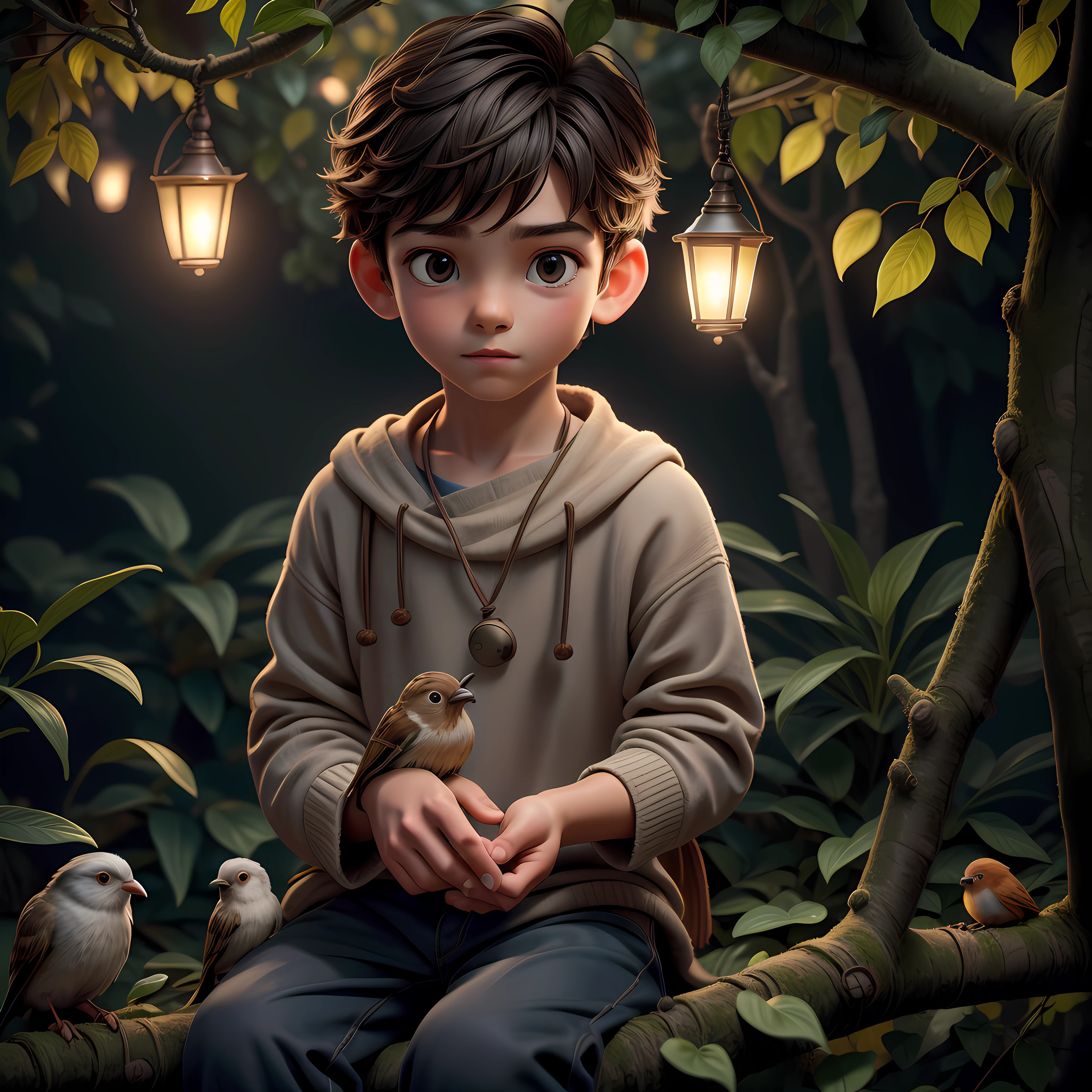 boy siting under the tree, petting a little birds, love animals, freedom, relaxing, old lamps hanging on three, small animals around the boy, small birds, small animals, old lamps, white cloudy sky, high detailed hands, 8k, RAW photo, best quality, masterpiece, high detail RAW color photo, dramatic lighting, cinematic lighting, back light, professional lighting, detailed face, full body,