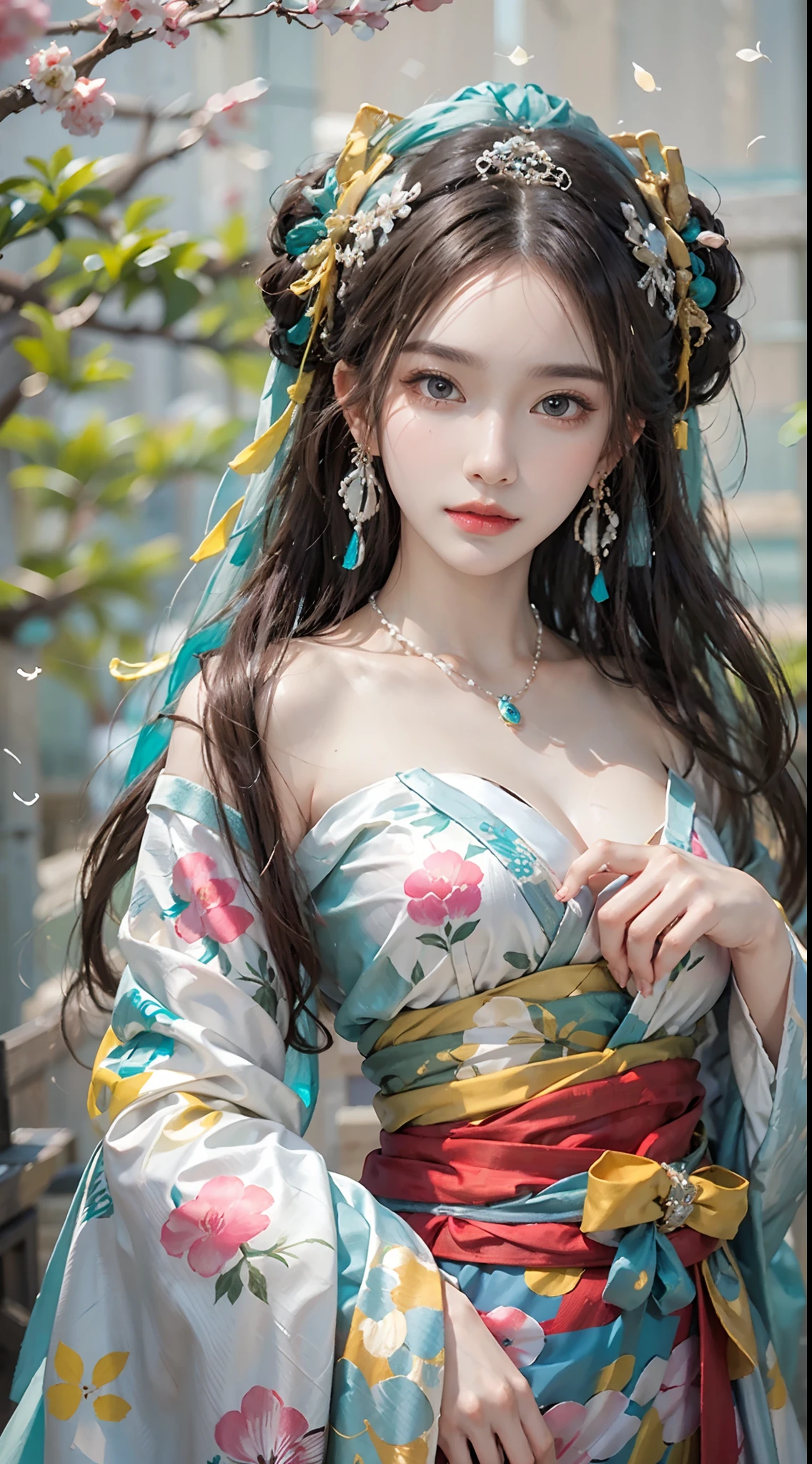 photorealistic, high resolution, colorful, color splash, splash, 1 girl, solo, hips up, beautiful eyes, long hair, medium breast, intricate brocade hanfu, gorgeous accessories, wearing pearl earrings