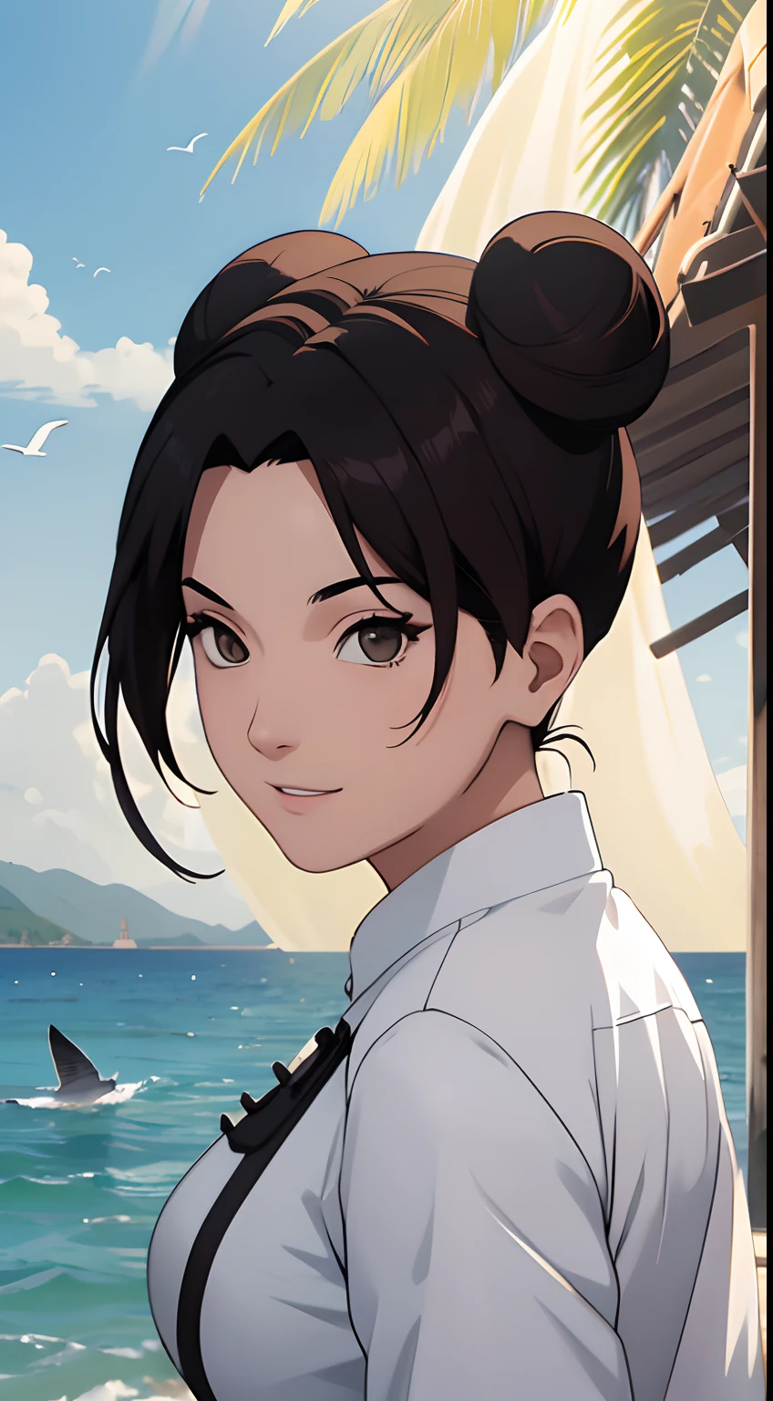 （tmasterpiece：1.3），Black color hair，（little breast），Ball head，white  clothes，ssmile，slightly fat big breasts，Be red in the face，best qualtiy，The is very detailed，Get close to the lens，Delicate and beautiful face，sea beach，rays of sunshine，baiyun，Flying birds