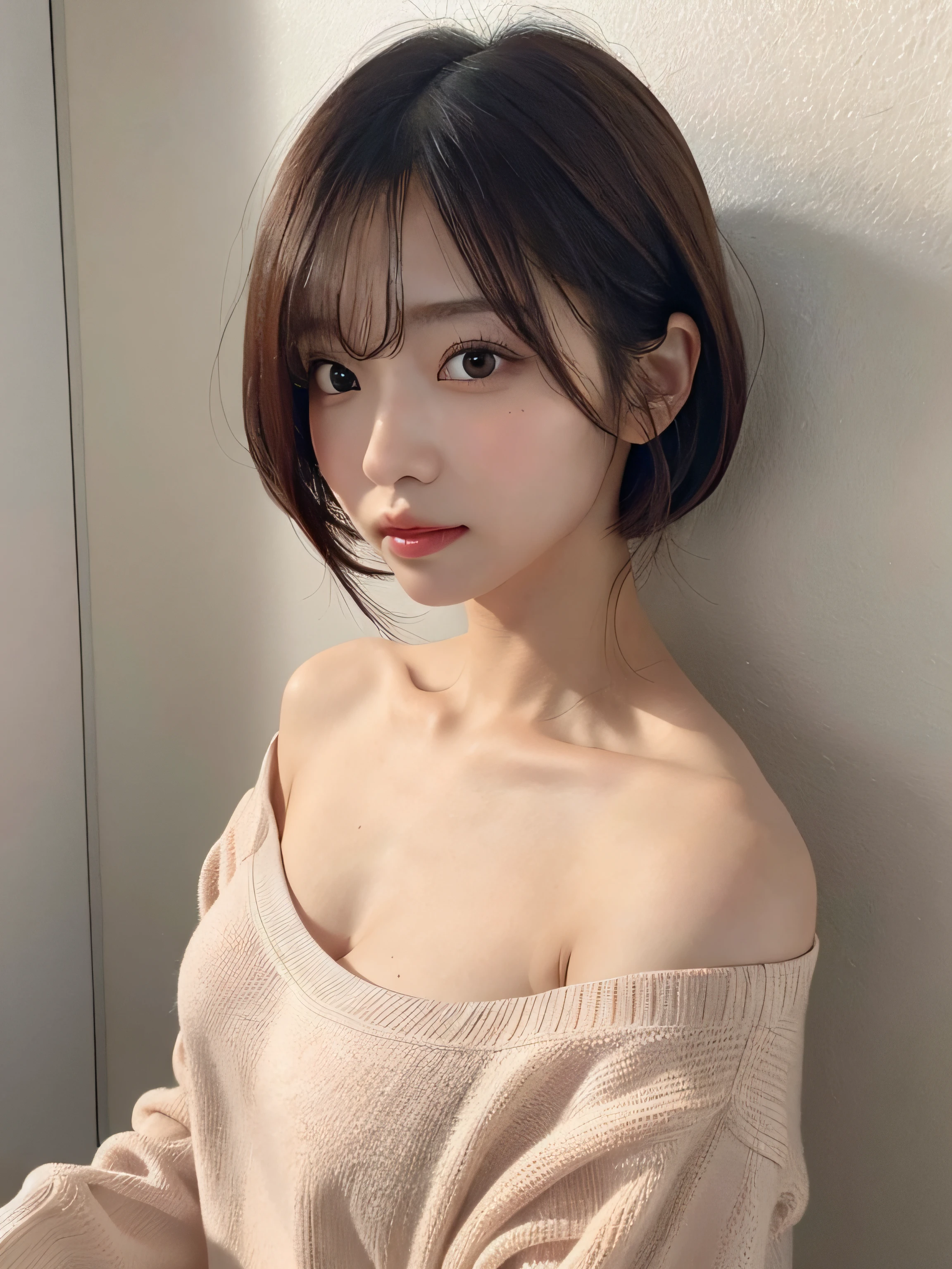 Beautiful woman with gentle and attractive Japan, half-body photo, delicate and sexy collarbone, attractive plump face, double eyelids, smart sagging eyes, pink lips, small upturned nose, small breasts, bare shoulders, concentrated face, face close-up, super high definition, very detailed and elegant appliqué cotton jersey sweatshirt is made from cotton jersey, It is characterized by a loose and languid silhouette.