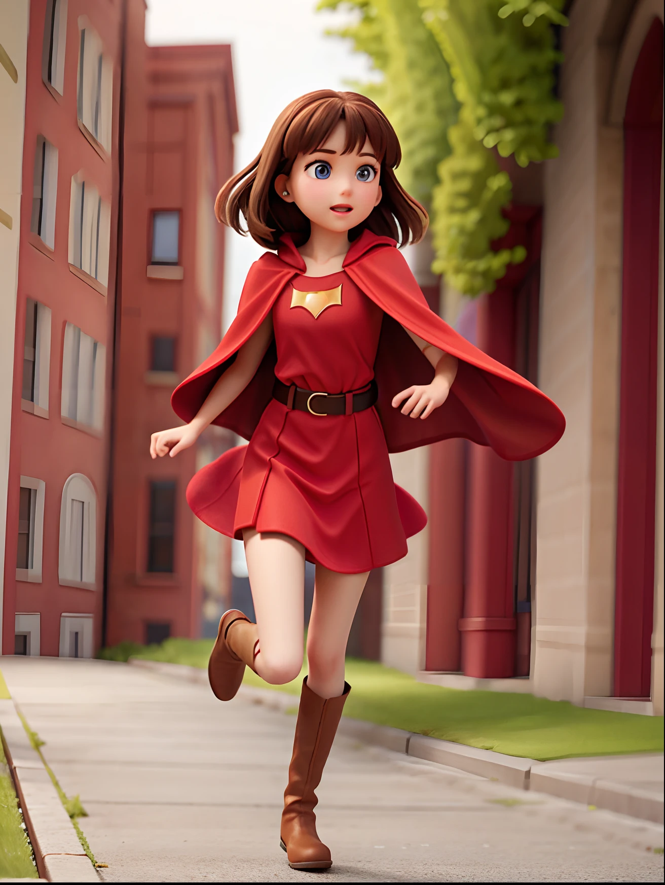 Brunette girl in red cape，Long red dress，Brown boots, Same outfit，Brown belt，full bodyesbian,, Running，Beautiful face, Delicate face，beautidful eyes