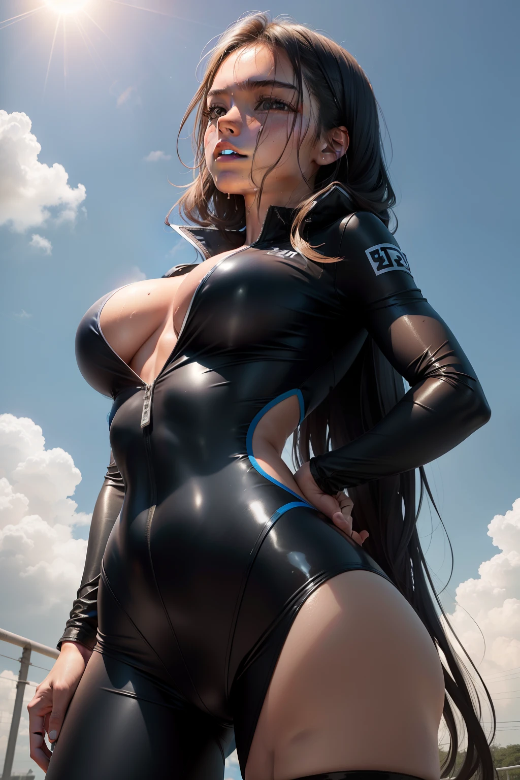 ung Fitness: 14 Yl,and the sun was shining brightly,cabelos preto e longos,Bigchest,Wet and transparent clothing,Straight long legs,with blue sky and white clouds,Look up,The action is provocative and ambiguous,Strength muscles,photorealestic