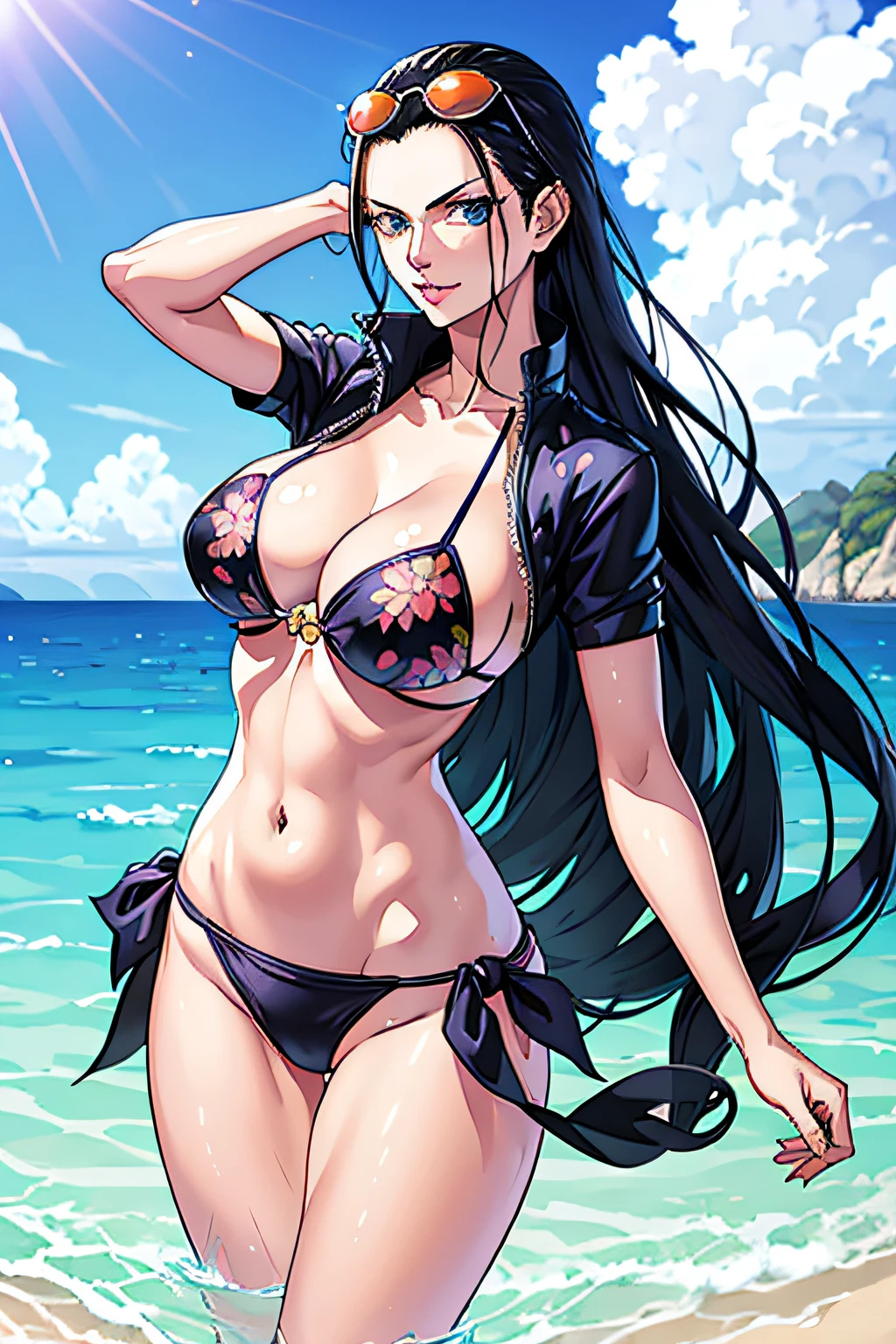 Nico Robin, 1girl in, Black hair, Blue eyes, breasts, eyewear on head, hair slicked back, Large breasts, Long hair, Narrow waist, Solo, Standing, Sunglasses, Sea, Salon floral bikini, ((masutepiece)) masutepiece,A hyper-realistic,32K,the Extremely Detailed CG Unity 8K Wallpapers, Best Quality