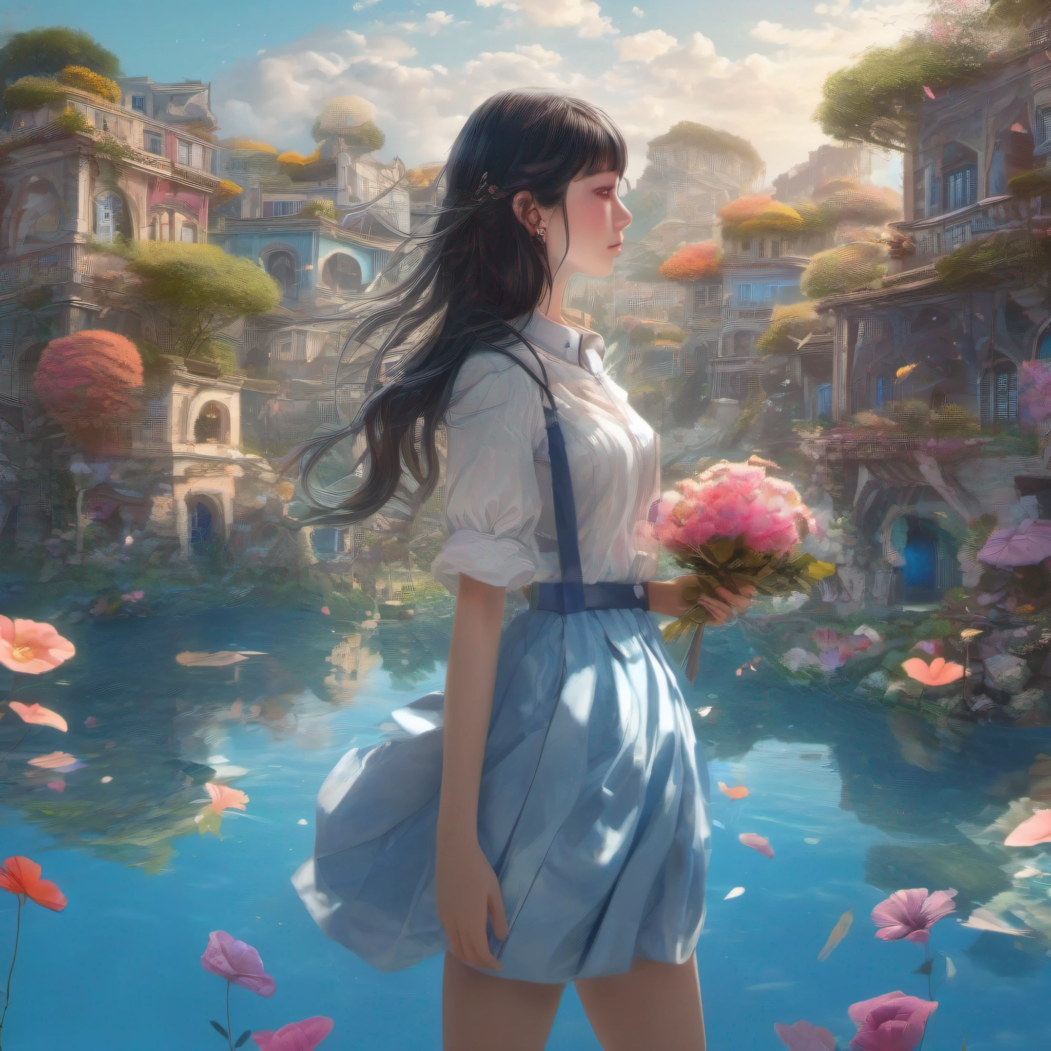 ccurate, best quality, masterpiece, UHD, high details, award winning, (Amazing:1.1), (Surrealism), Conceptual art, Verism, cinematic lighting, panorama, beautiful high school girl, (17 yr old), ((((full body)))), from behind, picking flowers, dance, without looking at me, (((wearing simple school uniform))), black eyes, black hair, (floating hair), ((8 life size)), detailed hairstyles, detailed bodyline, anatomically correct, (((she is lost in a surreal world of dreamlike landscapes))), A floating island in the sky, Quiet village with ruins and colorful houses, shallow sea, Horizon, ((beautiful Blue sea)), blue sky, paradise scenery, flowers, wind flow, (((fantasy))), frontier, (magnificent space),