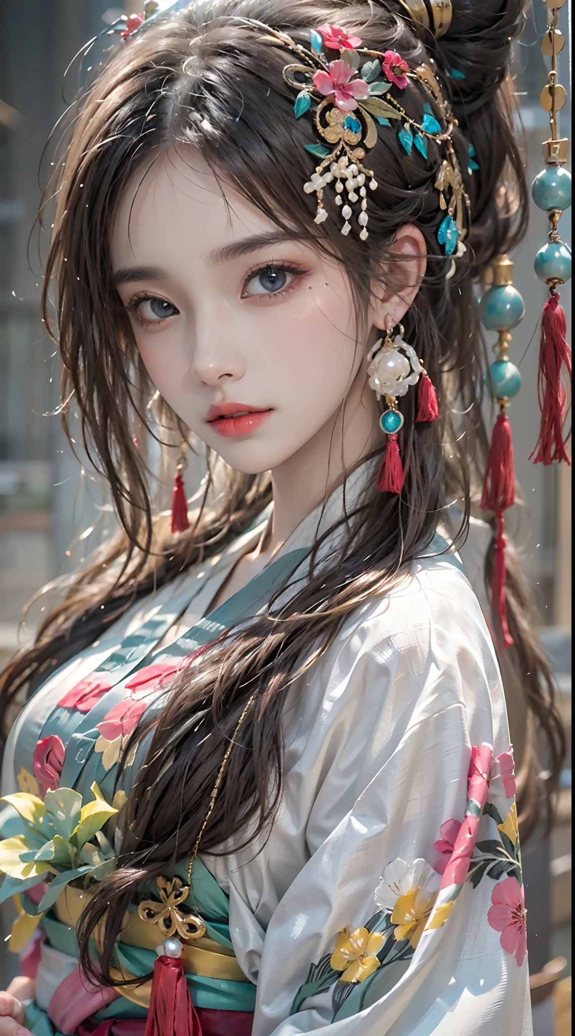 photorealistic, high resolution, colorful, color splash, splash, 1 girl, solo, hips up, beautiful eyes, long hair, medium breast, intricate brocade hanfu, gorgeous accessories, wearing pearl earrings