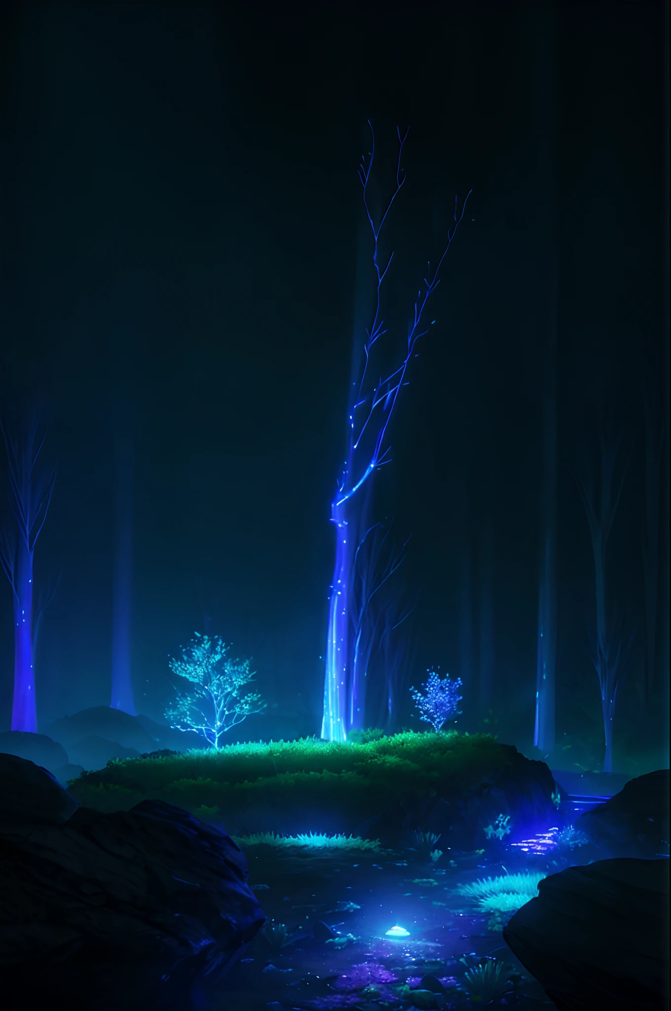 vn_bg, no humans, A mystical forest filled with bioluminescent plants and creatures, casting an ethereal glow in the night, aesthetic serene bliss, diffused light, god rays, chromatic aberration, caustics, Detailed, Extremely Detailed, Ambient Soft Lighting, 4K,Blurry, Blurry Background, Depth of Field, Bokeh, DOF, Fog, Bloom Outdoors, (Nature, fantasy Desert:1.2), (Rocks:1.2),