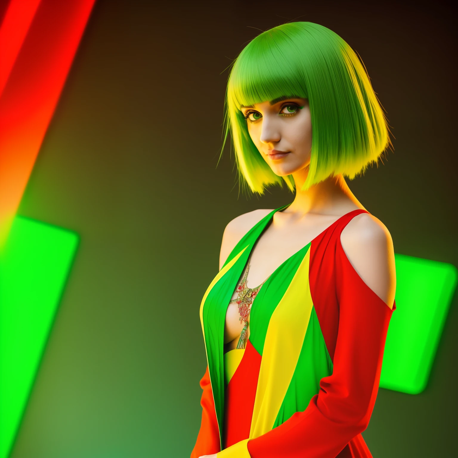 arafed woman with green hair and a red dress standing, green hair, bright green hair, bob cut green hair, bob cut green hair, she has bob cut green hair, fairycore, green glowing hair, she looks like a mix of grimes, soft skin and bob cut fiery hair, lily frank