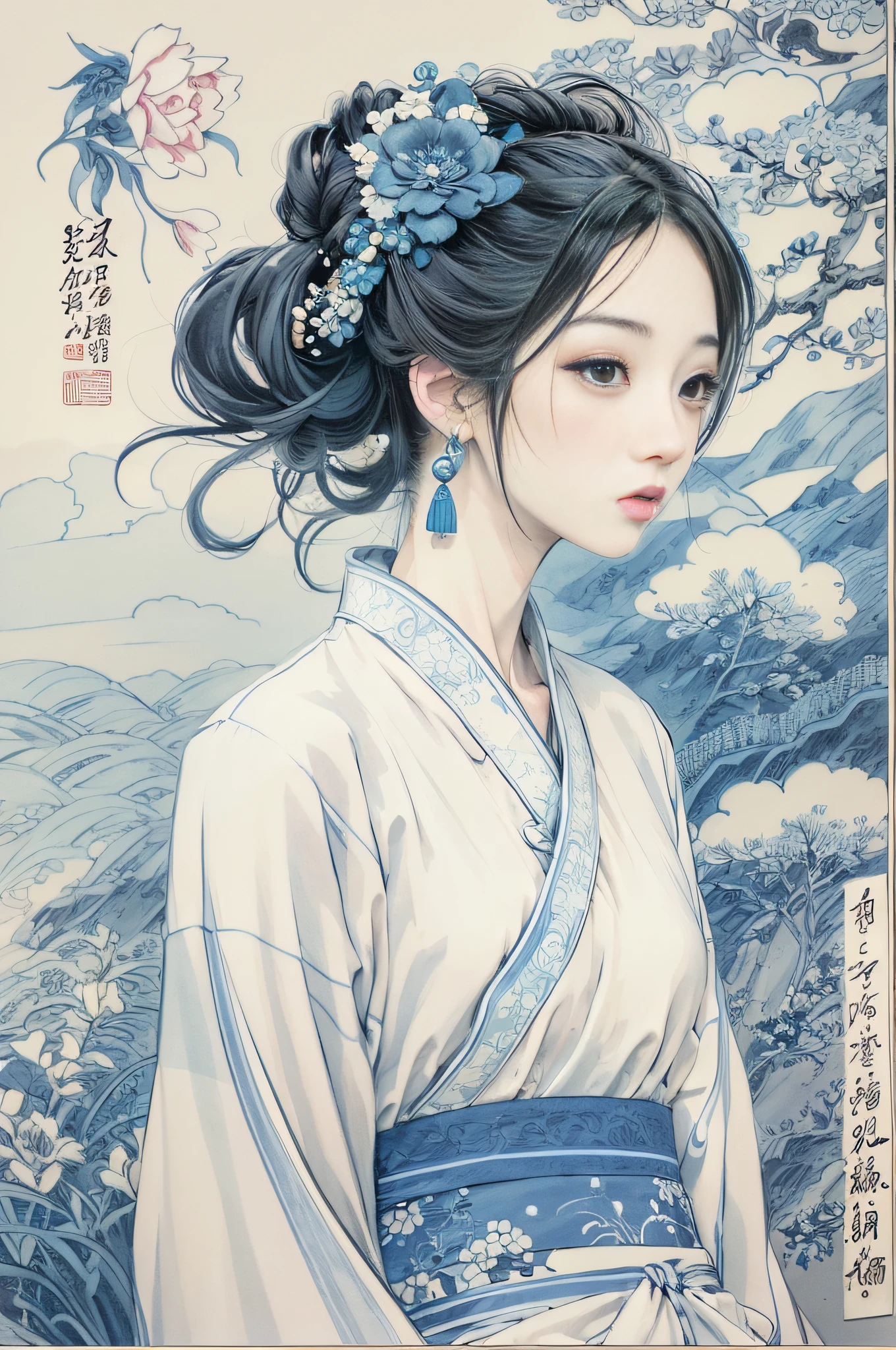 a drawing，Blue and white dress，Woman with flowers on hair，Blue and white porcelain style，hanfugirl，ancient china art style，Belle peinture de personnage，Chinese painting style，It has an ancient Chinese aesthetic，Chinese style，A beautiful artwork illustration，Traditional Chinese art，Oriental art style，Blue and white porcelain exhibition，Beautiful anime portrait character composition in the lower left corner，The upper right corner is decorated with a blue and white porcelain background，Blue and white line drawing，reasonable design，Clear lines，（Linear，Mono Color），（Defocus，Out of focus，softlighting，电影灯光，Skylight，hyper HD）