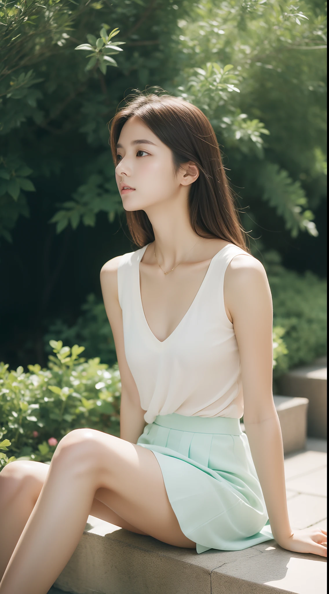 top Quority,Ultra-clear resolution,Gloss on lips,Fair skin,Clean collarbone,s the perfect face,Perfect chest,skirt,beautifullegs,sitted,hugging his knees,Random environment