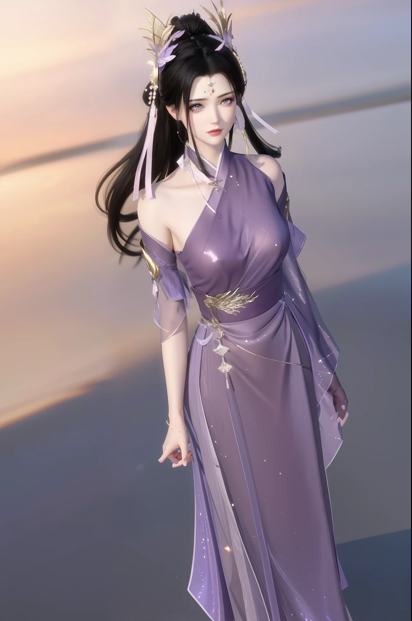(best qualtiy,tmasterpiece:1.2),超高分辨率,realisticlying,Front lighting,Complicated details,Exquisitedetailsandtextures,(1girll),独奏,The upper part of the body,Purple Hanfu,Nice big eyes,Purple dress,Petal decoration,beauitful face,facing to audience,Streamers,gossamer,(年轻),Facial highlights,Detal Face,tear-mole,white skinned,Silvery hair,High ponytail,looking at viewert,largeeyes,(Openwork pattern),耳Nipple Ring,slimfigure,white backgrounid,correct hand,profesional lighting,photon maping,Radio City,physically-based renderingt