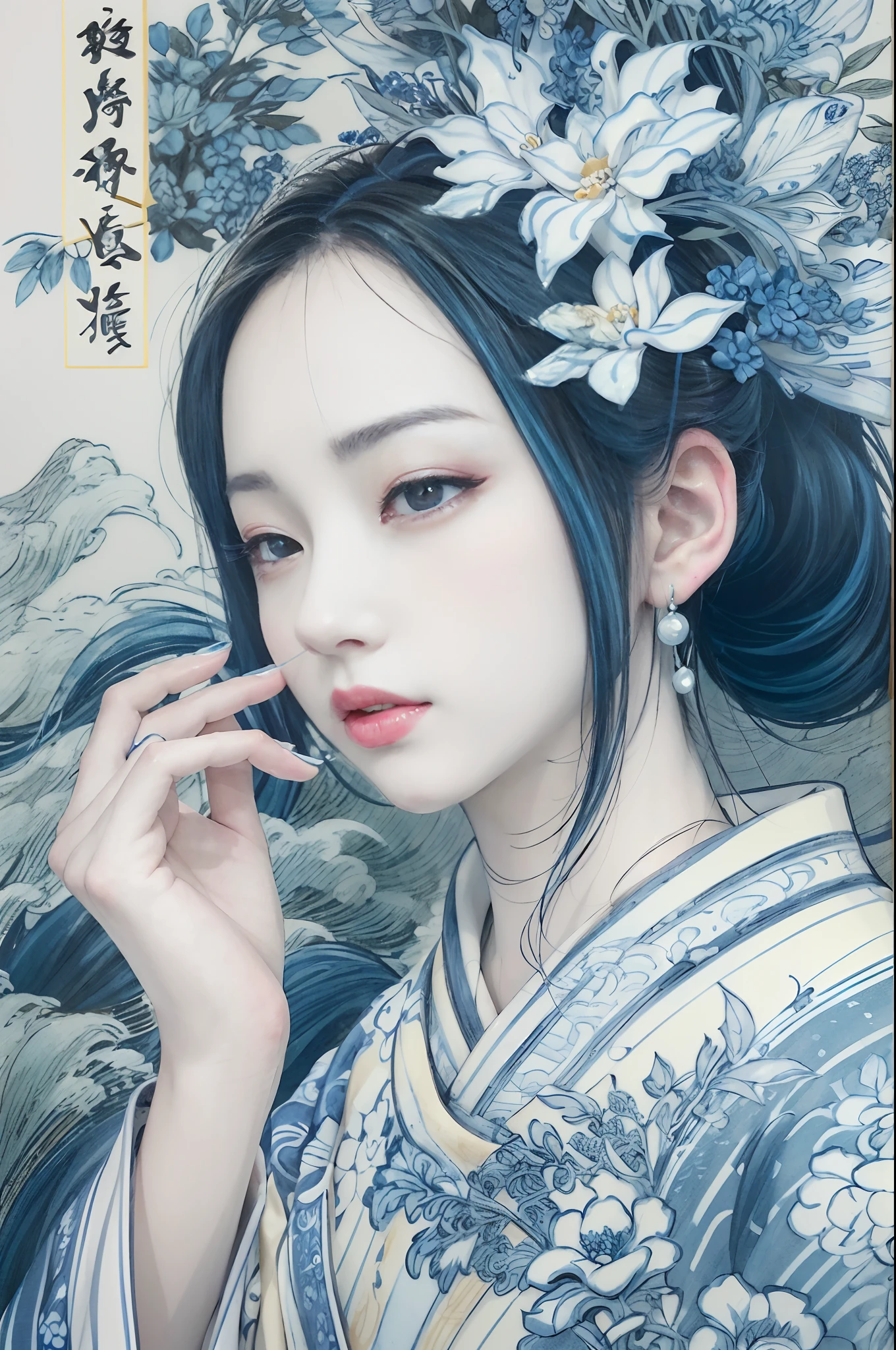 a drawing,Blue and white dress,Woman with flowers on hair,Blue and white porcelain style,hanfugirl,ancient china art style,Belle peinture de personnage,Chinese painting style,It has an ancient Chinese aesthetic,Chinese style,A beautiful artwork illustration,Traditional Chinese art,Oriental art style,Blue and white porcelain exhibition,Beautiful anime portrait character composition in the lower left corner,The upper right corner is decorated with a blue and white porcelain background,Blue and white line drawing,reasonable design,Clear lines,(Linear,Mono Color),(Defocus,Out of focus,softlighting,电影灯光,Skylight,hyper HD)