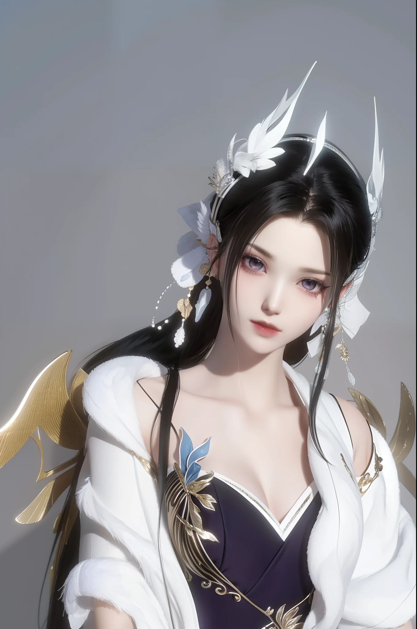 (best qualtiy,tmasterpiece:1.2),超高分辨率,realisticlying,Front lighting,Complicated details,Exquisitedetailsandtextures,(1girll),独奏,The upper part of the body,Purple Hanfu,Nice big eyes,Purple dress,Petal decoration,beauitful face,facing to audience,Streamers,gossamer,(年轻),Facial highlights,Detal Face,tear-mole,white skinned,Silvery hair,High ponytail,looking at viewert,largeeyes,(Openwork pattern),耳Nipple Ring,slimfigure,white backgrounid,correct hand,profesional lighting,photon maping,Radio City,physically-based renderingt