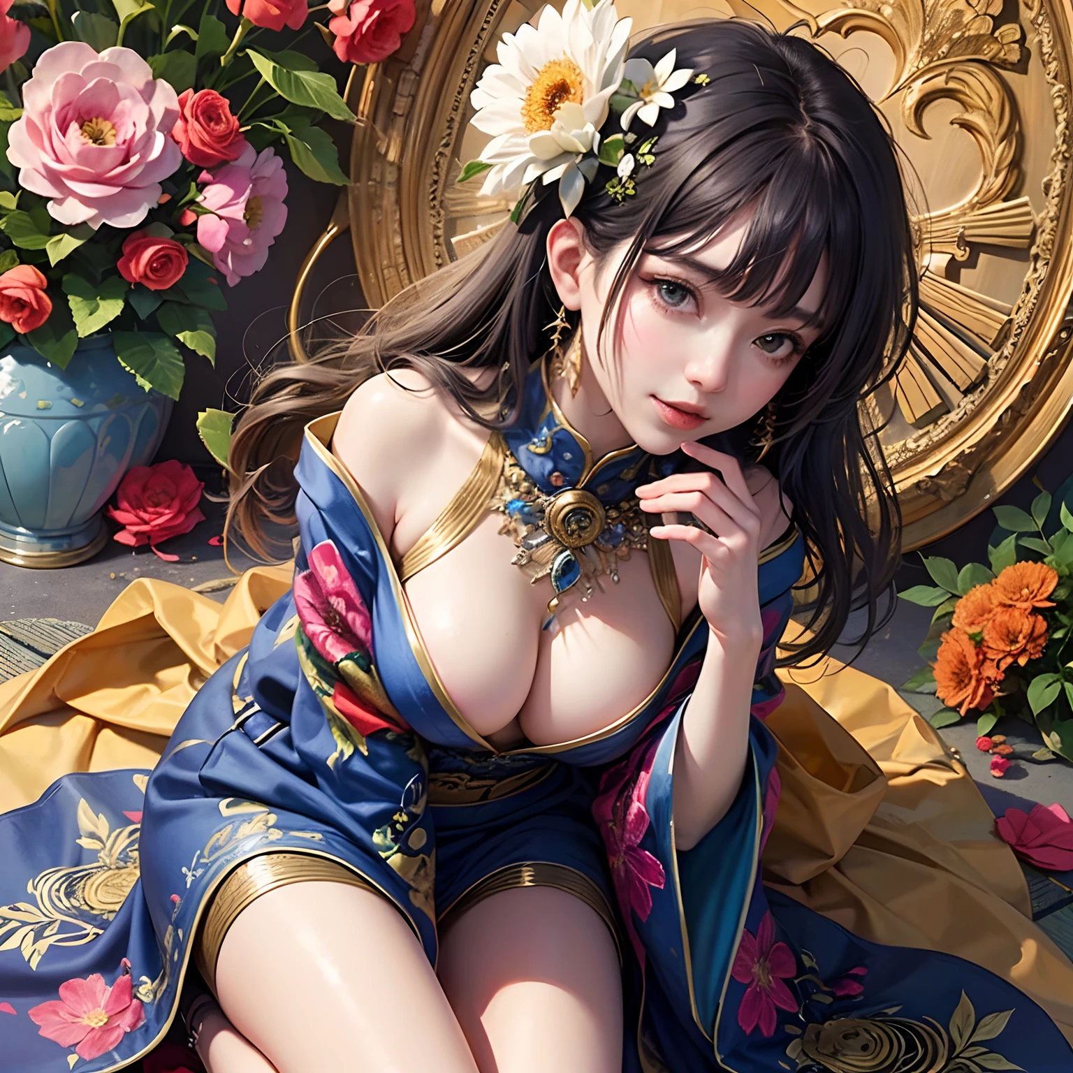 Official Art, Unified 8k Wallpaper, Ultra Detailed, Beautiful and Aesthetic, Beautiful, Masterpiece, Best Quality, (Zentangle, Mandala, Tangle, Entangle), (Flower Ecstasy: 1.2) Dynamic Angle, Cowboyshot, The Most Beautiful Chaotic Forms, Elegance, Fauvist Design, Bright Colors, Romanticism, Atmosphere, Woman, Holding a Bouquet of Flowers in Her Hand, Sunlight on the Flowers, Messy Hair, Smile, Kimono Yukata, Open Clothes, Kneeling on the Ground, (Hand Touching Nipple Tip:1.3) --auto --s2