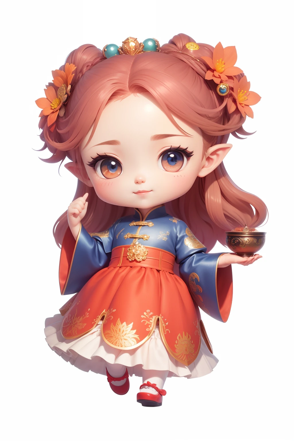 Chinese shoes,white limbo,Pattern,Pedras preciosas,Refinement,((8K)),ssmile,Very cheerful,(elvish ears)spiky,voluminous hair(the detail),(adorable eyes)Round round,full bodyesbian,Perfect quality, (tmasterpiece:1.2) (detailedskin:1.3) (intricately details) (8K) (detailedeyes) (Sharp focus), (Out of sorts)Exquisite painting,lovely digital painting,anime styled digital art,style of anime。(k hd),tmasterpiece,best qualtiy,Lots of detail,(full body:1.2),chibi,vivaciousness,Detail hands,Five fingers,largeeyes,ssmile,3Drenderingof,Q printmaking style