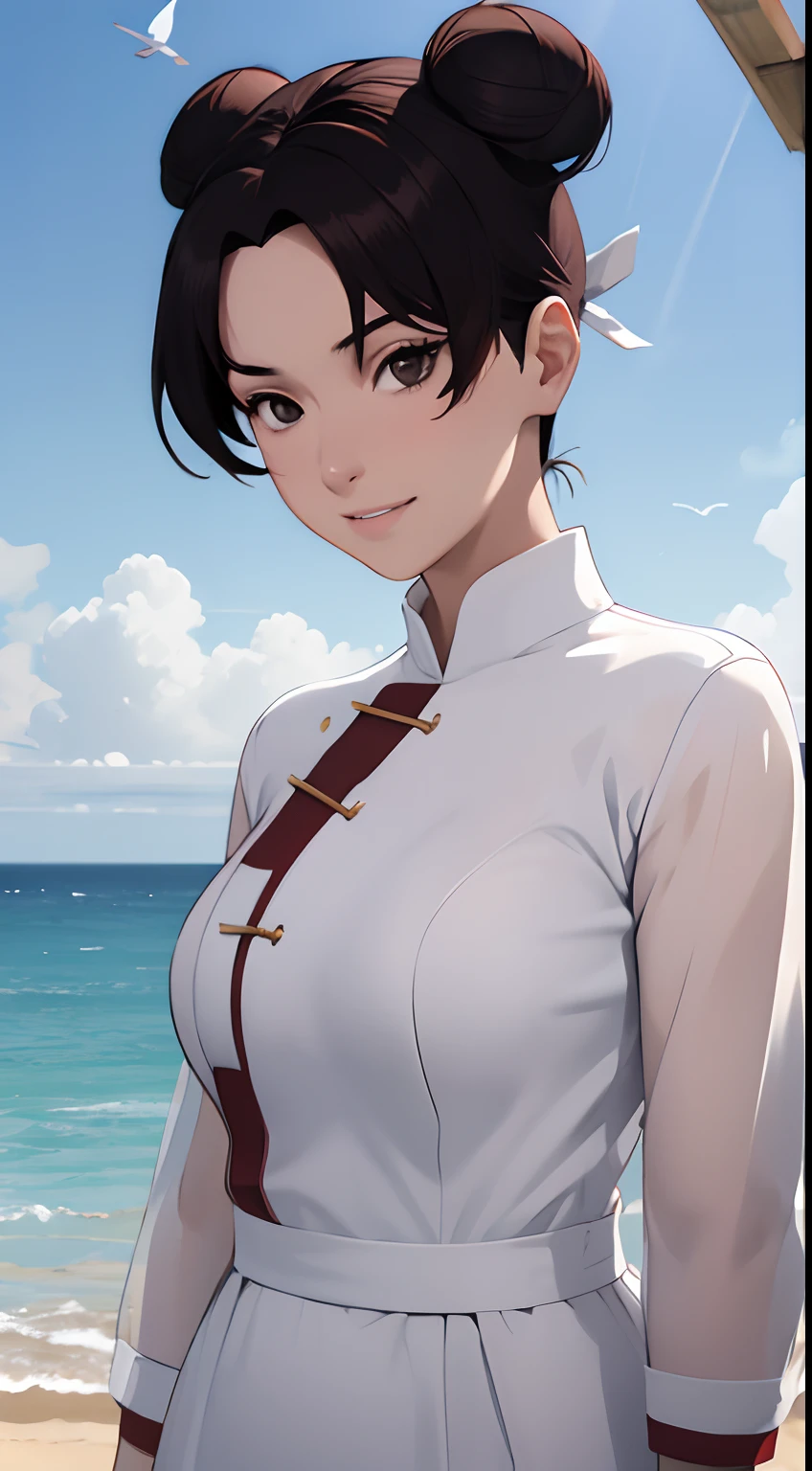 (tmasterpiece:1.3),Black color hair,(little breast),white clothes,ssmile,slightly fat big breasts,Be red in the face,best qualtiy,The is very detailed,Get close to the lens,Delicate and beautiful face,sea beach,rays of sunshine,baiyun,Flying birds