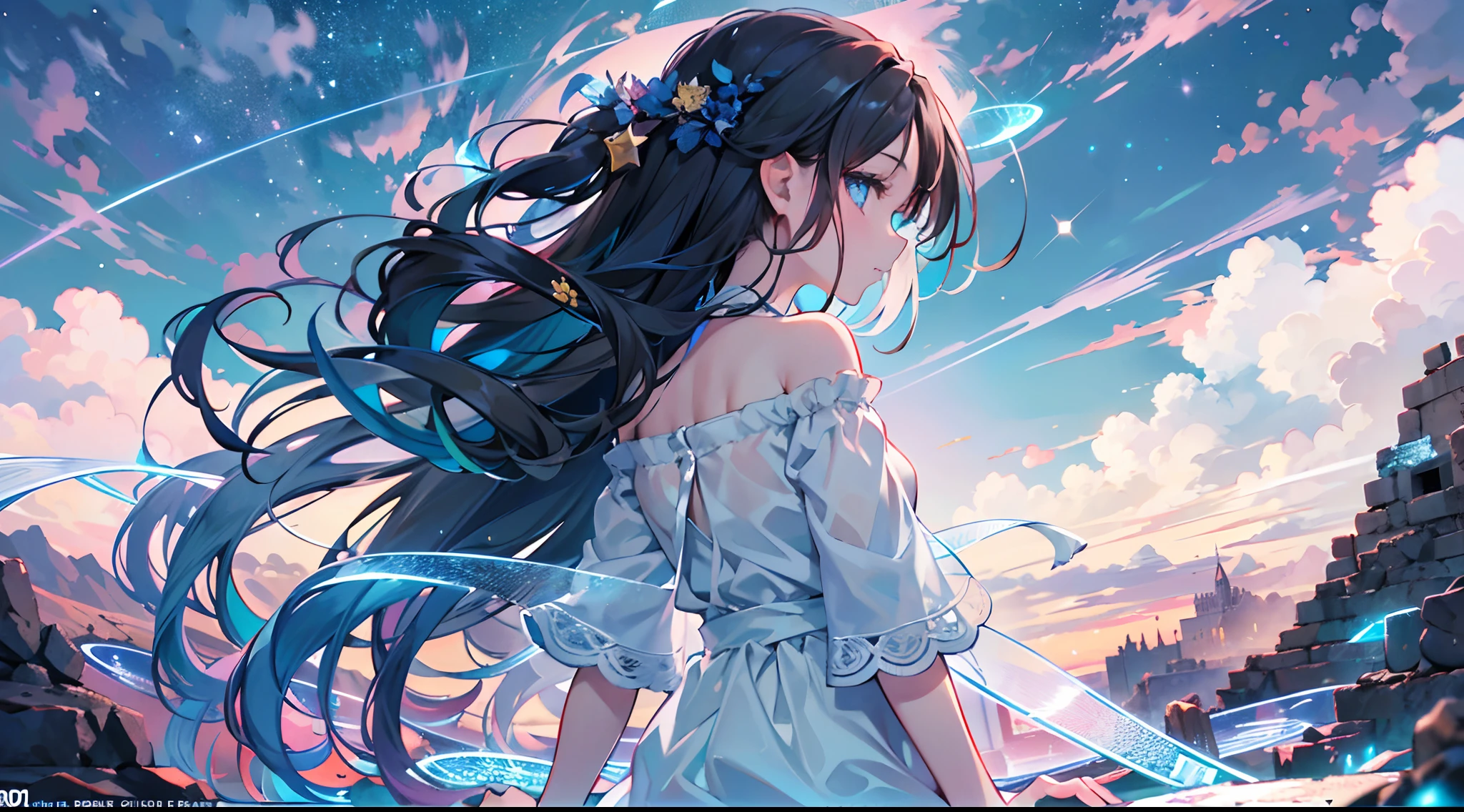 (Masterpiece, top quality, super detailed CG, ultra detailed beautiful face and eyes,super detailed, intricate details:1.2), 8k wallpapers, elaborate features,
(1 person, solo:1.4)perfect cartoon illustration,(1 person, solo:1.4)
(realistic textures:0.8), high res, cute, (vivid colors, dynamic lighting:1.0), (high contrast:0.8),
A girl (in her teens) with a mysterious atmosphere overlooking the lowlands from the top of a steep cliff, very pretty face, long glossy black hair, clear sky-blue eyes, clear skin, slender arms and legs (both barefoot), wearing only a white dress that reaches down to her calves, surrounded by blue phosphorescence. Blue phosphorescence surrounds her, ruins spread far and wide in front of her, the place is a fantastic and vast urban ruin, the time is night and the area is dark, but stars and a big moon are shining brightly in the sky, back view, so that her whole body is included in the illustration.