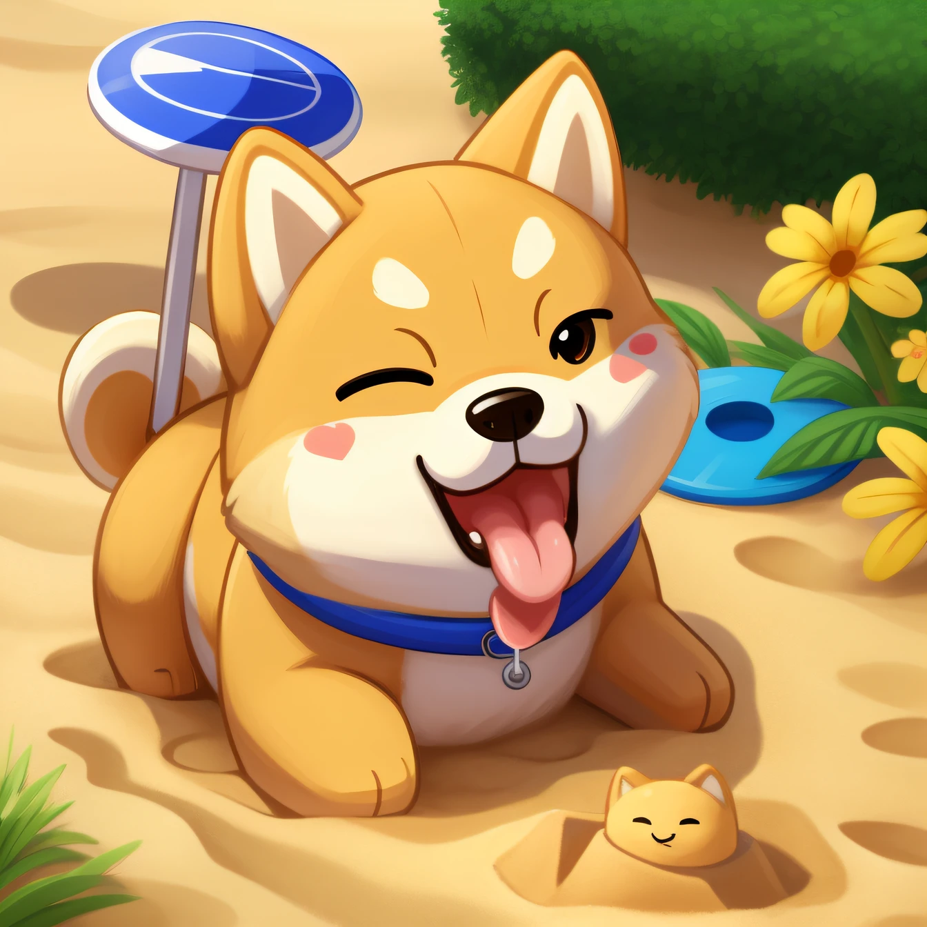 Shiba dog,sand sculpture,adolable,Frisbee,trpical garden,Tongue spit out,Dumb cute,planar,hand painted style
